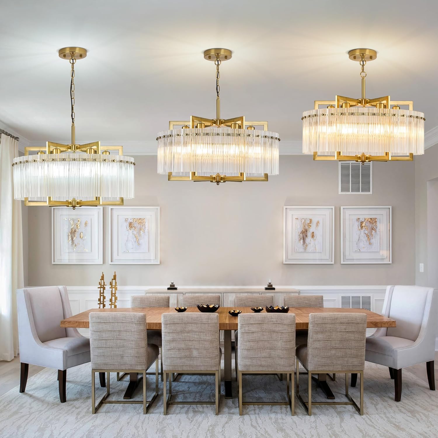 Modern Gold Water Ripple Glass Chandelier, 6-Light Adjustable Height Round Pendant Light Fixture, 24