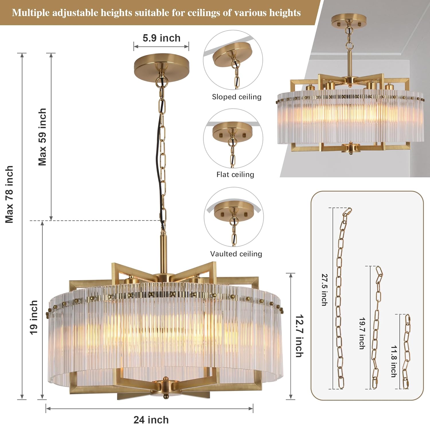 Modern Gold Water Ripple Glass Chandelier, 6-Light Adjustable Height Round Pendant Light Fixture, 24