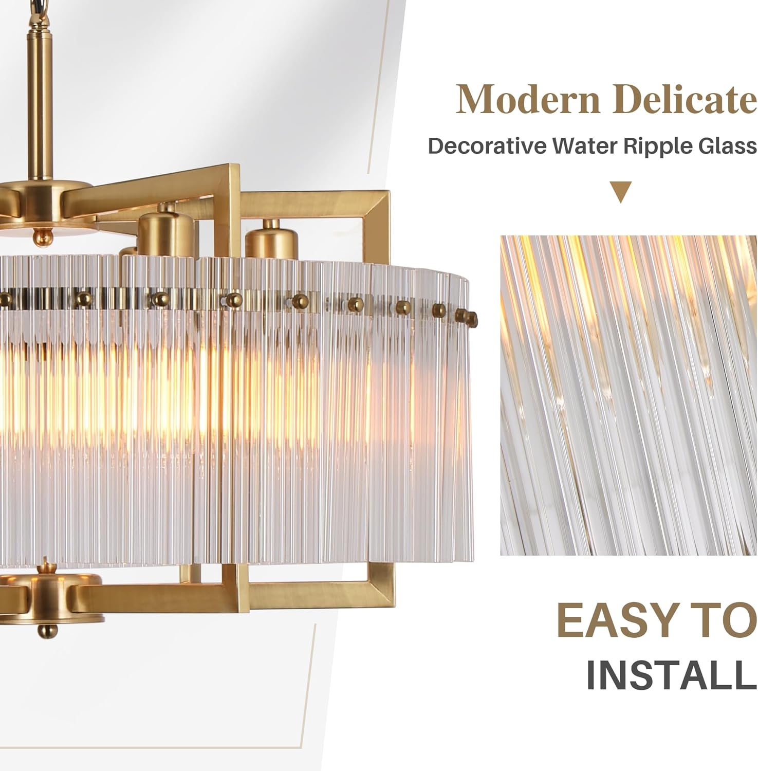 Modern Gold Water Ripple Glass Chandelier, 6-Light Adjustable Height Round Pendant Light Fixture, 24