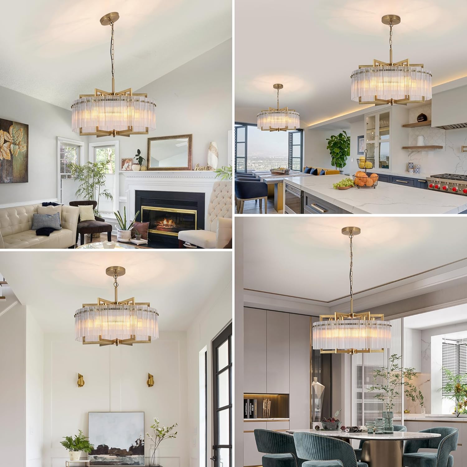 Modern Gold Water Ripple Glass Chandelier, 6-Light Adjustable Height Round Pendant Light Fixture, 24