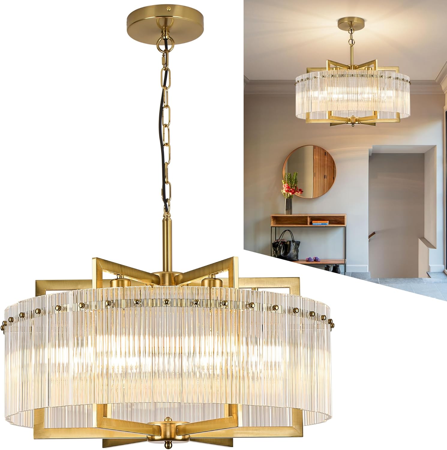 Modern Gold Water Ripple Glass Chandelier, 6-Light Adjustable Height Round Pendant Light Fixture, 24
