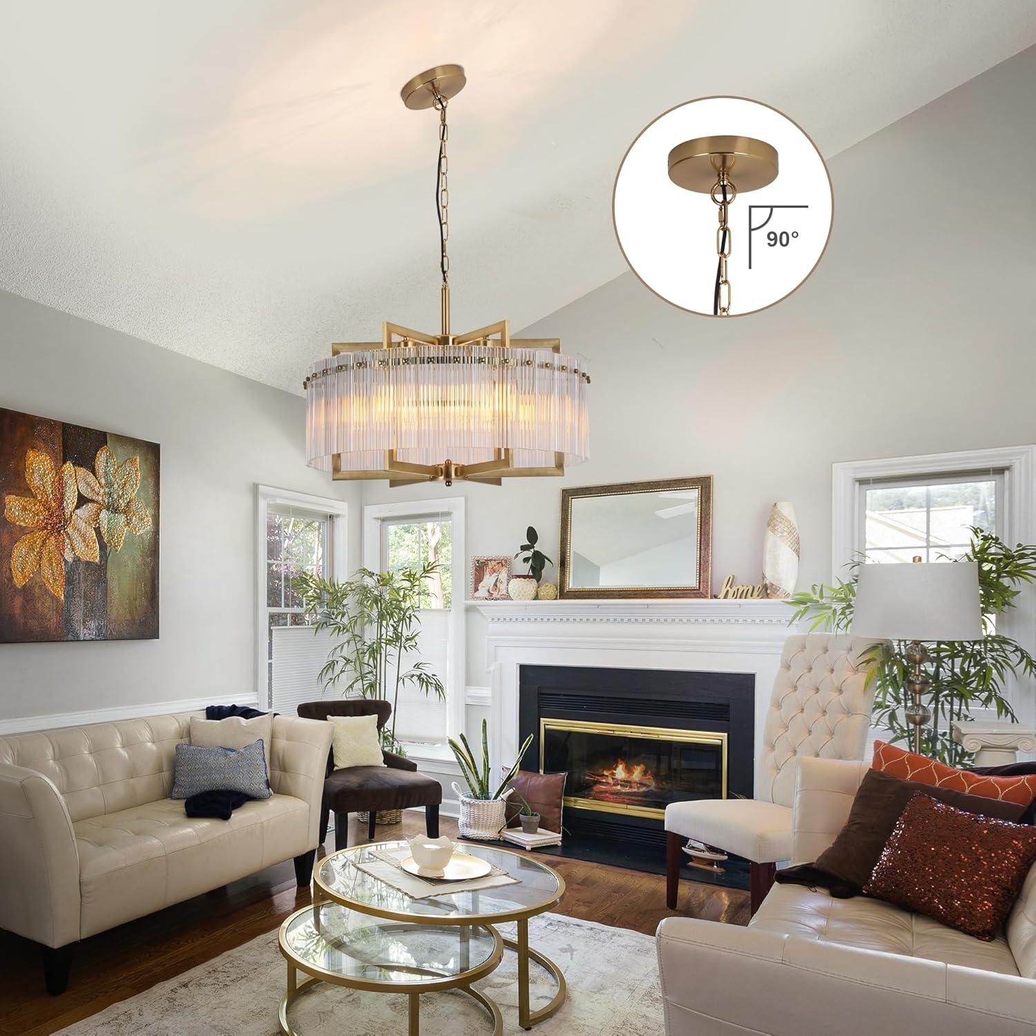 Modern Gold Water Ripple Glass Chandelier, 6-Light Adjustable Height Round Pendant Light Fixture, 24