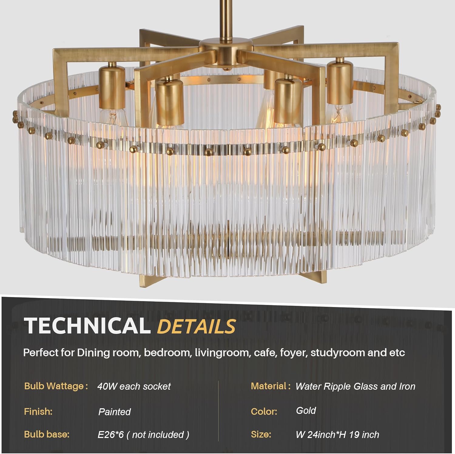 Modern Gold Water Ripple Glass Chandelier, 6-Light Adjustable Height Round Pendant Light Fixture, 24