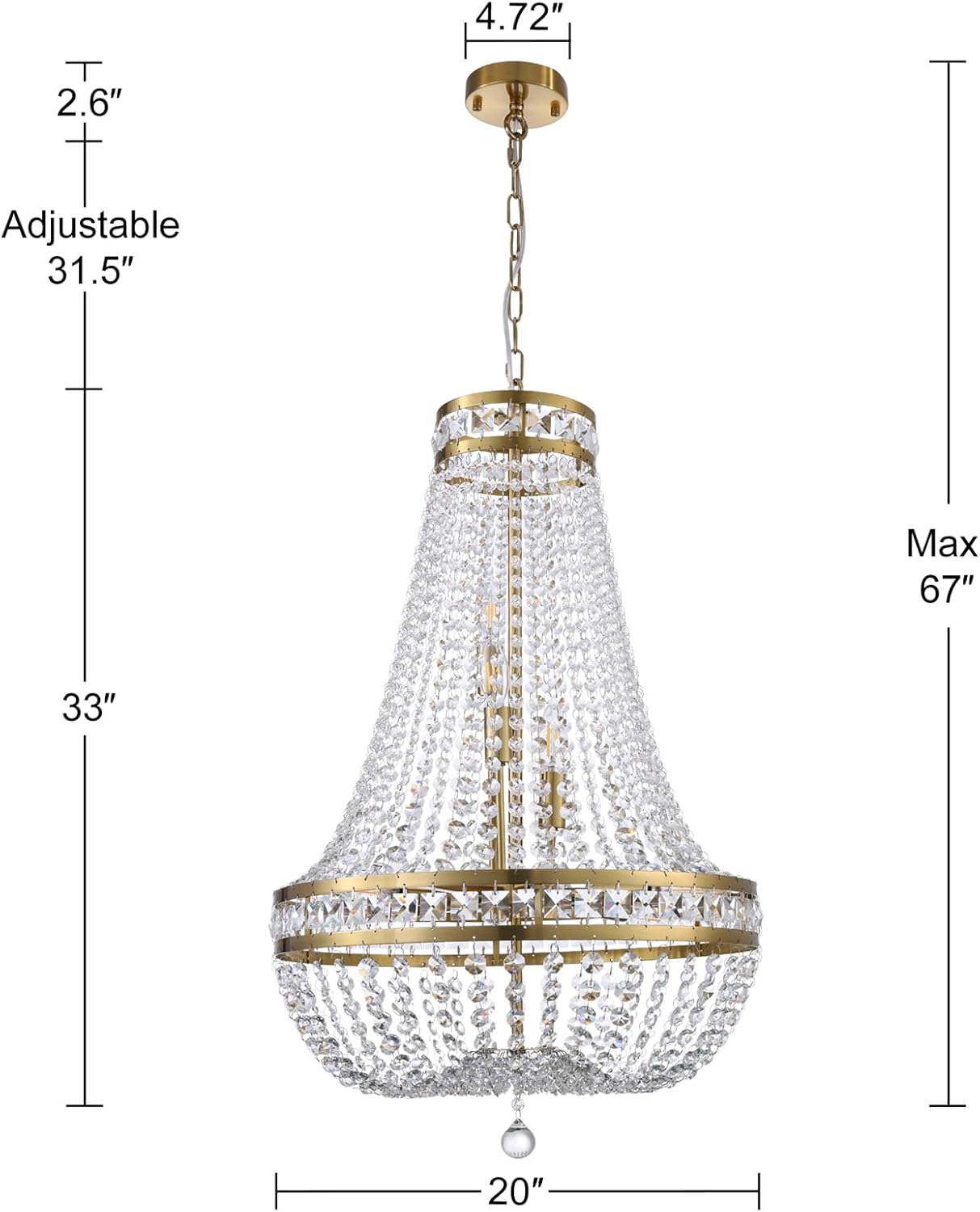 20in Gold Crystal Chandelier Pendant Light - Adjustable Multi-Tier Elegant Design