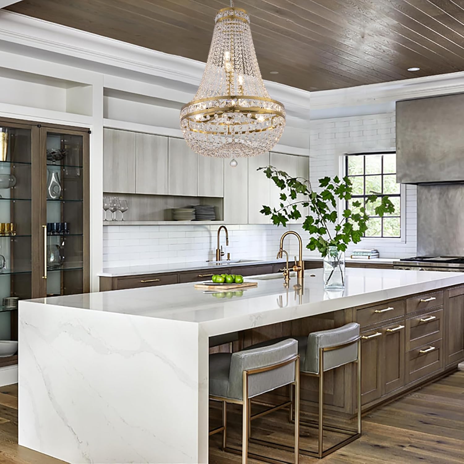 20in Gold Crystal Chandelier Pendant Light - Adjustable Multi-Tier Elegant Design