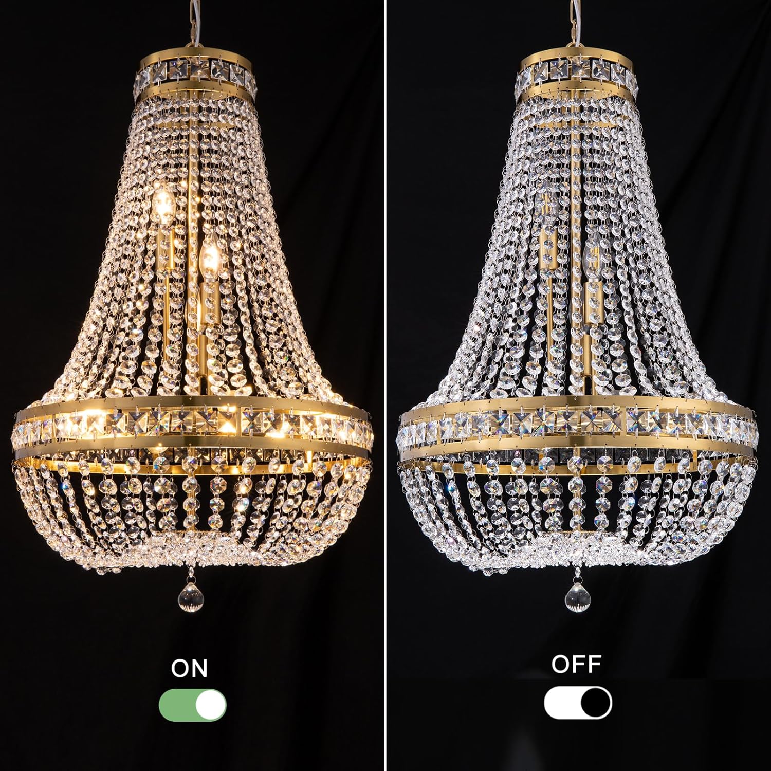 20in Gold Crystal Chandelier Pendant Light - Adjustable Multi-Tier Elegant Design