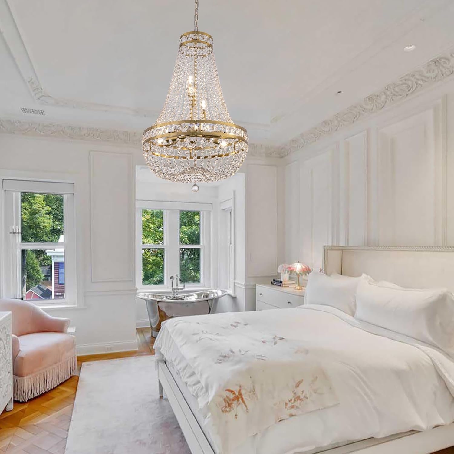 20in Gold Crystal Chandelier Pendant Light - Adjustable Multi-Tier Elegant Design