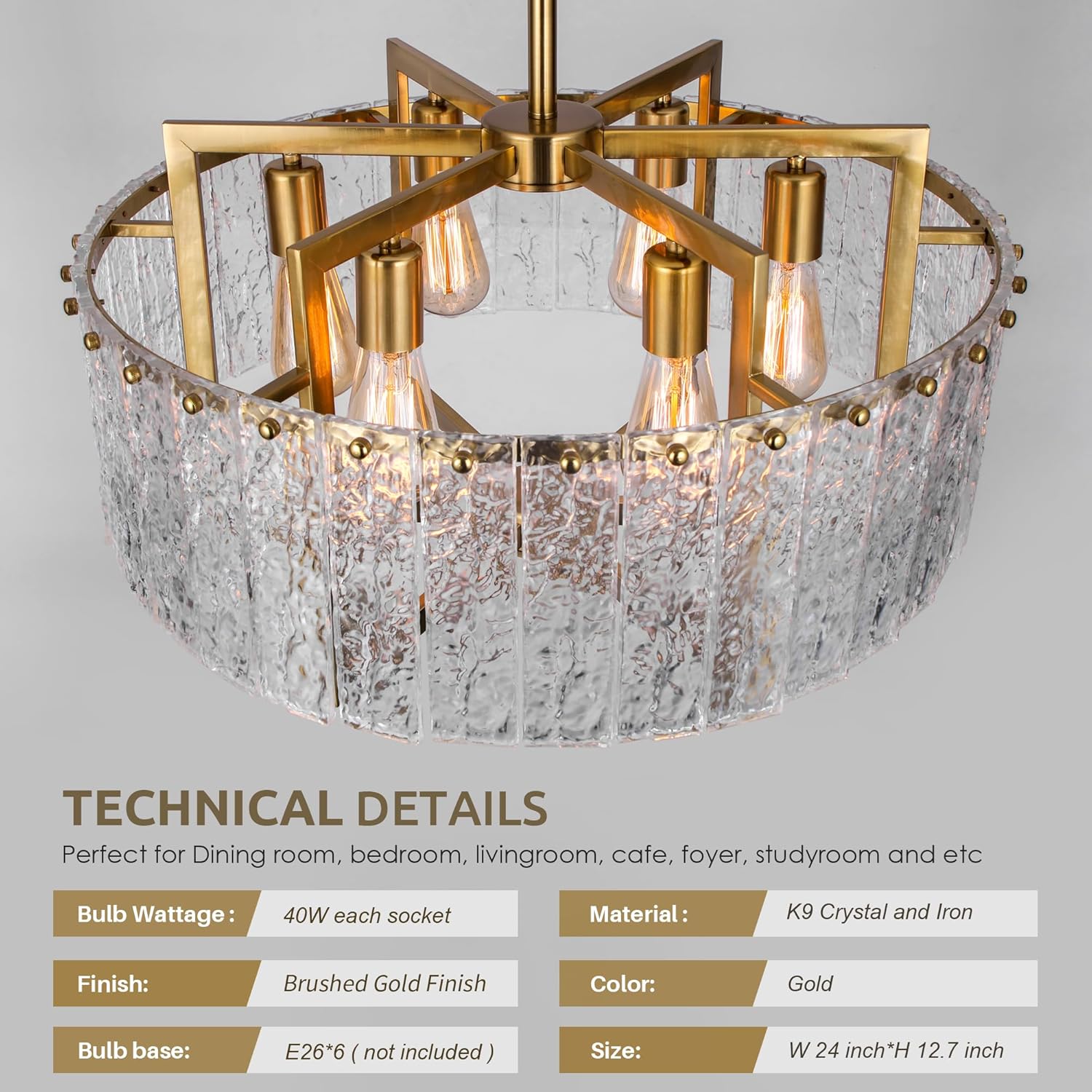 Modern Luxury Gold Round Crystal Chandelier - Adjustable Pendant Light with Water Pattern K9 Glass, E26 Base