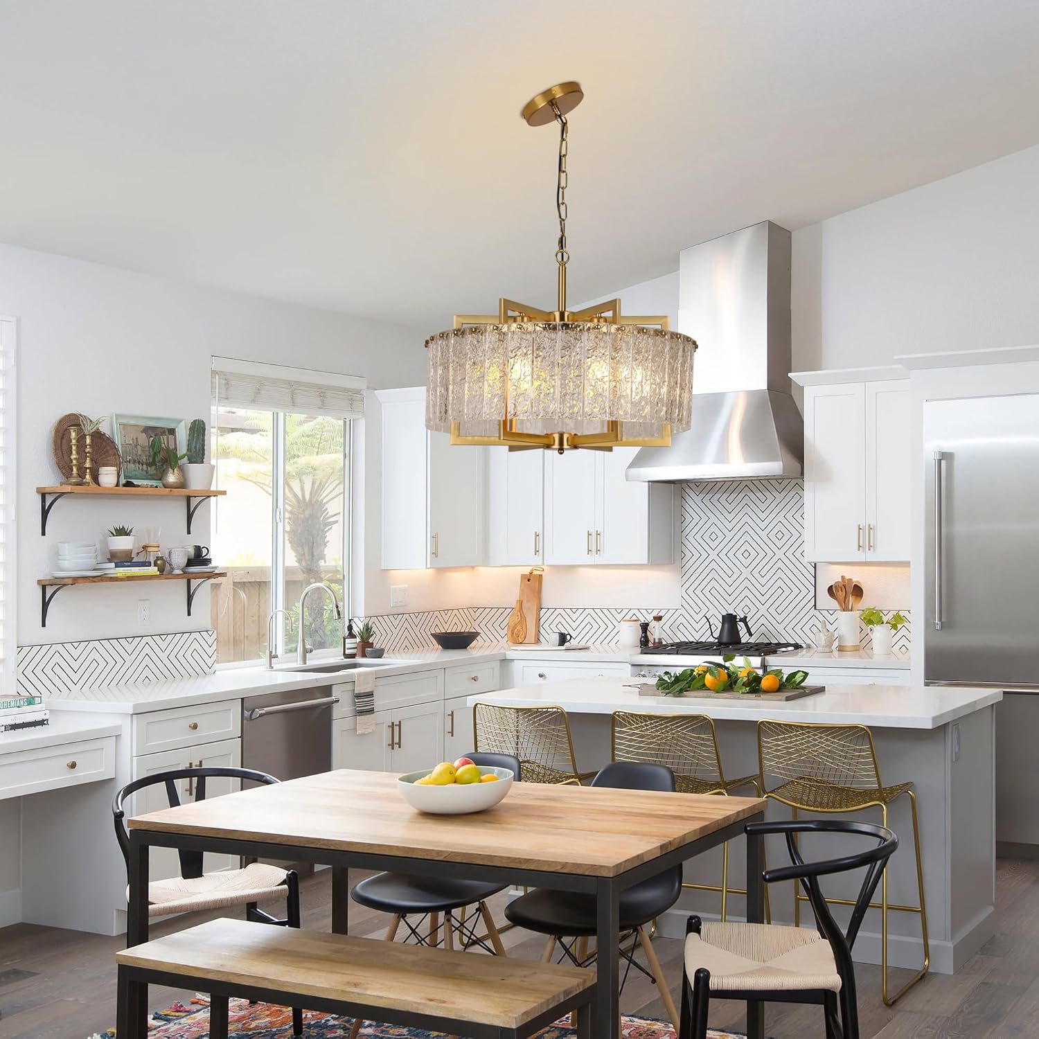 Modern Luxury Gold Round Crystal Chandelier - Adjustable Pendant Light with Water Pattern K9 Glass, E26 Base