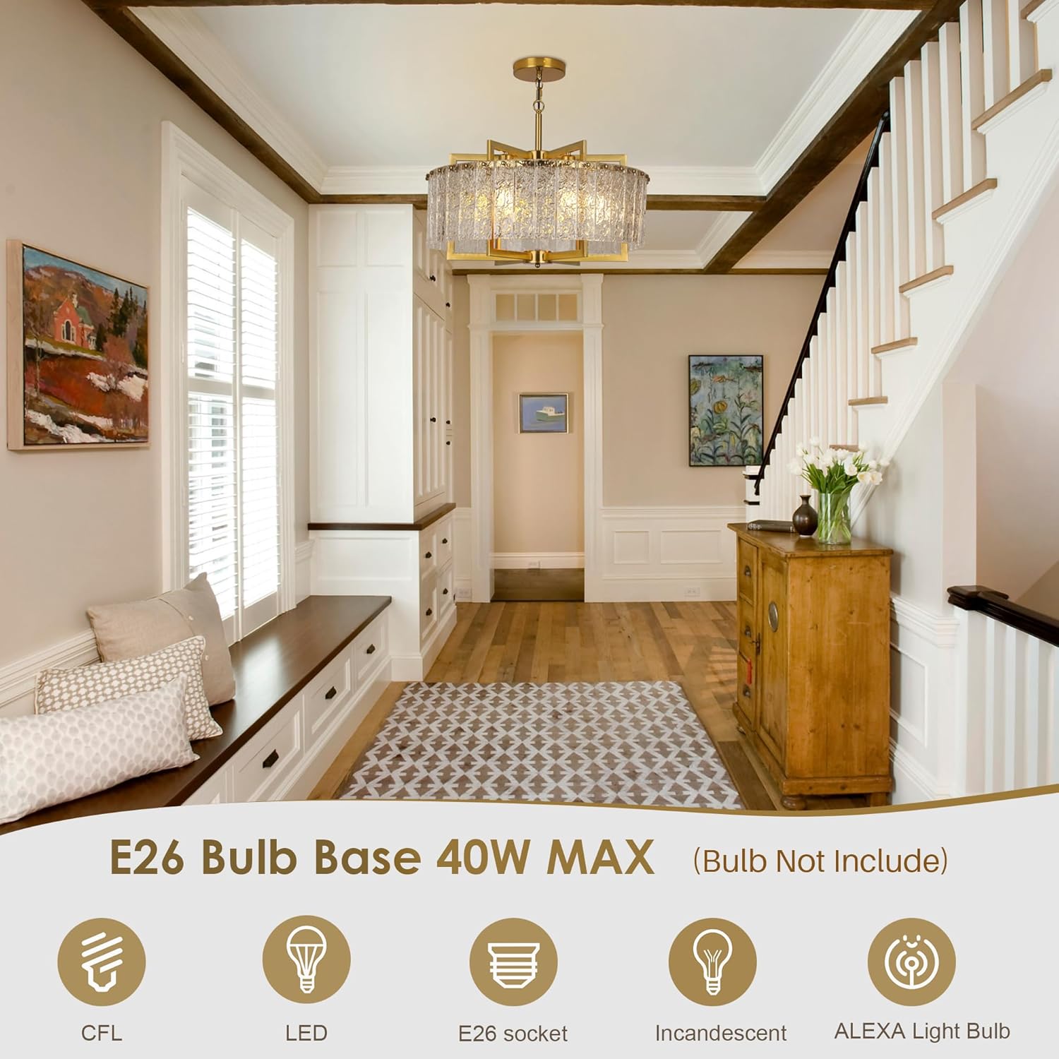 Modern Luxury Gold Round Crystal Chandelier - Adjustable Pendant Light with Water Pattern K9 Glass, E26 Base