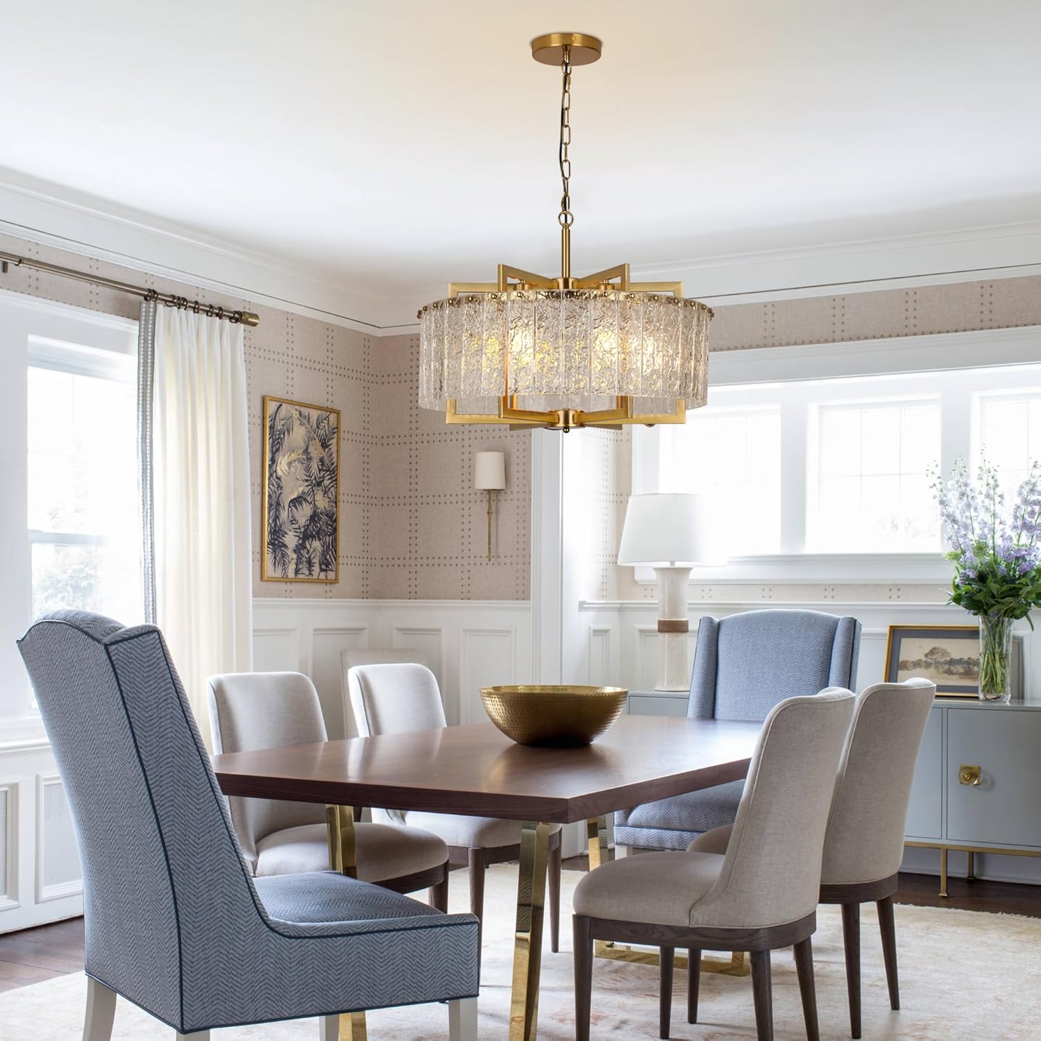 Modern Luxury Gold Round Crystal Chandelier - Adjustable Pendant Light with Water Pattern K9 Glass, E26 Base