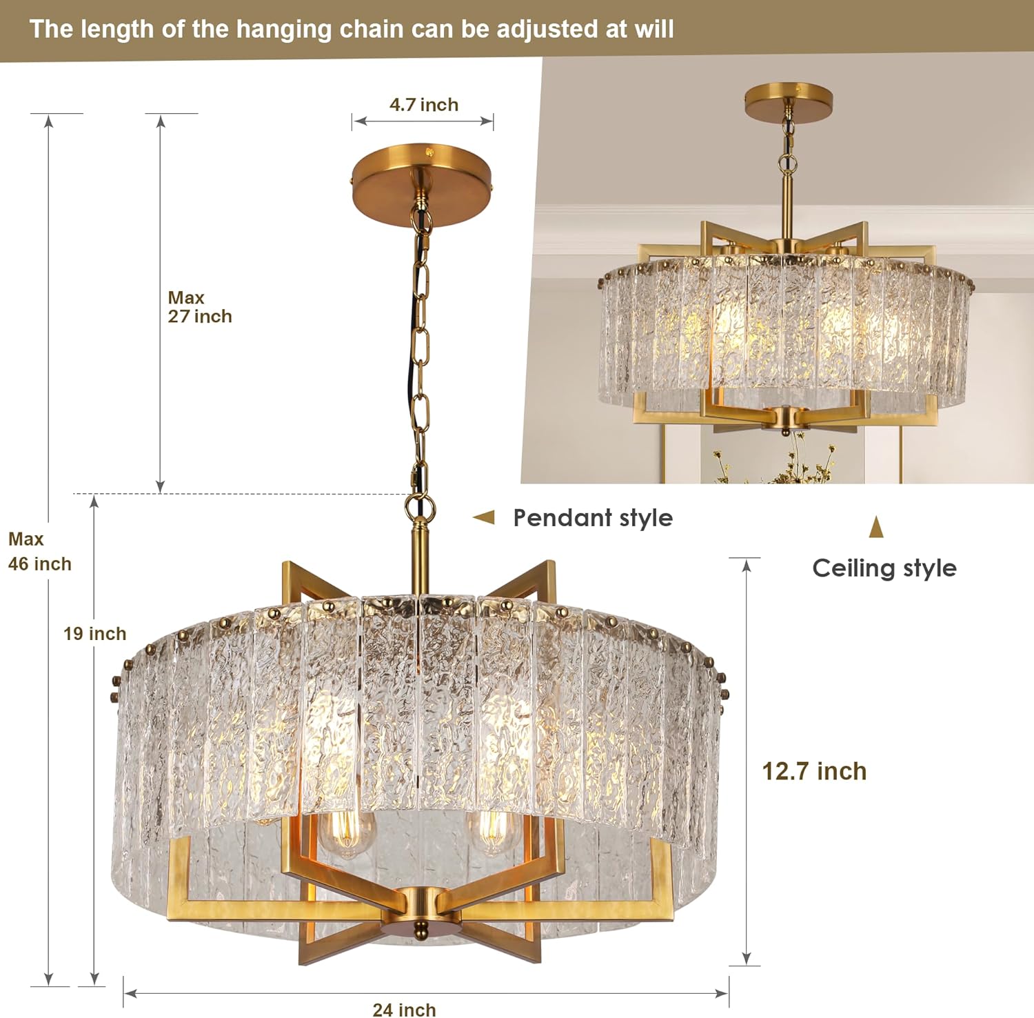 Modern Luxury Gold Round Crystal Chandelier - Adjustable Pendant Light with Water Pattern K9 Glass, E26 Base