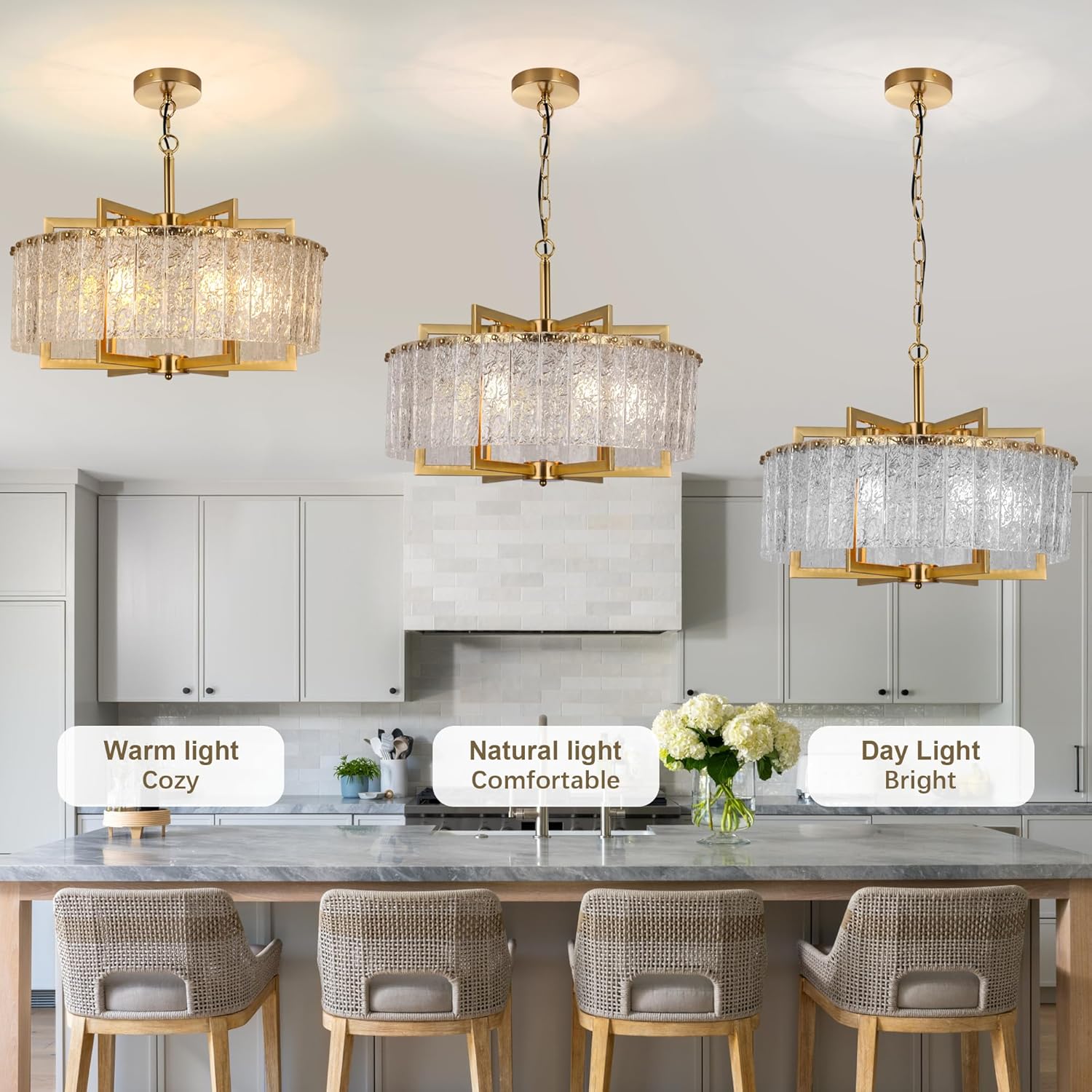 Modern Luxury Gold Round Crystal Chandelier - Adjustable Pendant Light with Water Pattern K9 Glass, E26 Base