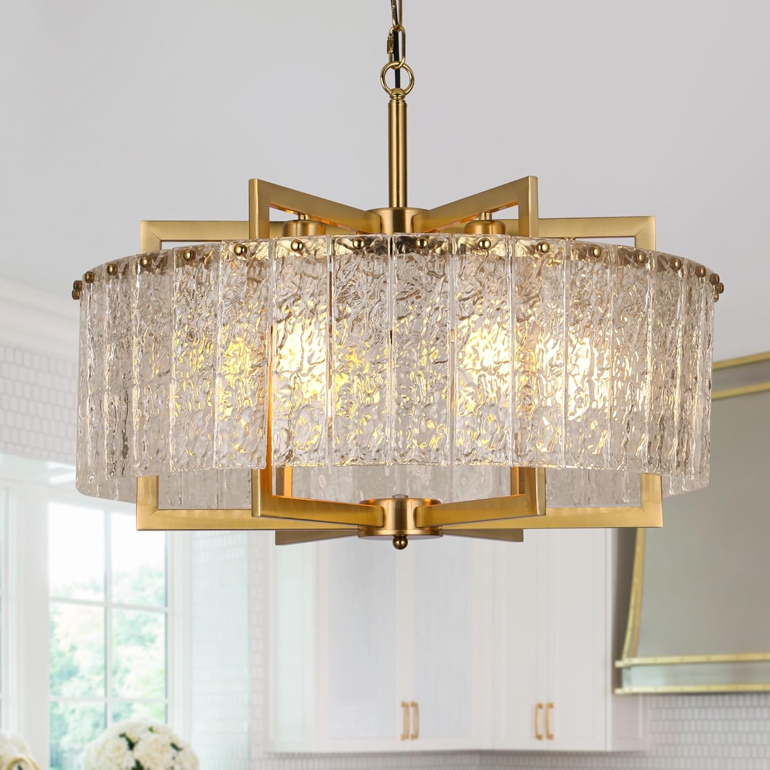 Modern Luxury Gold Round Crystal Chandelier - Adjustable Pendant Light with Water Pattern K9 Glass, E26 Base