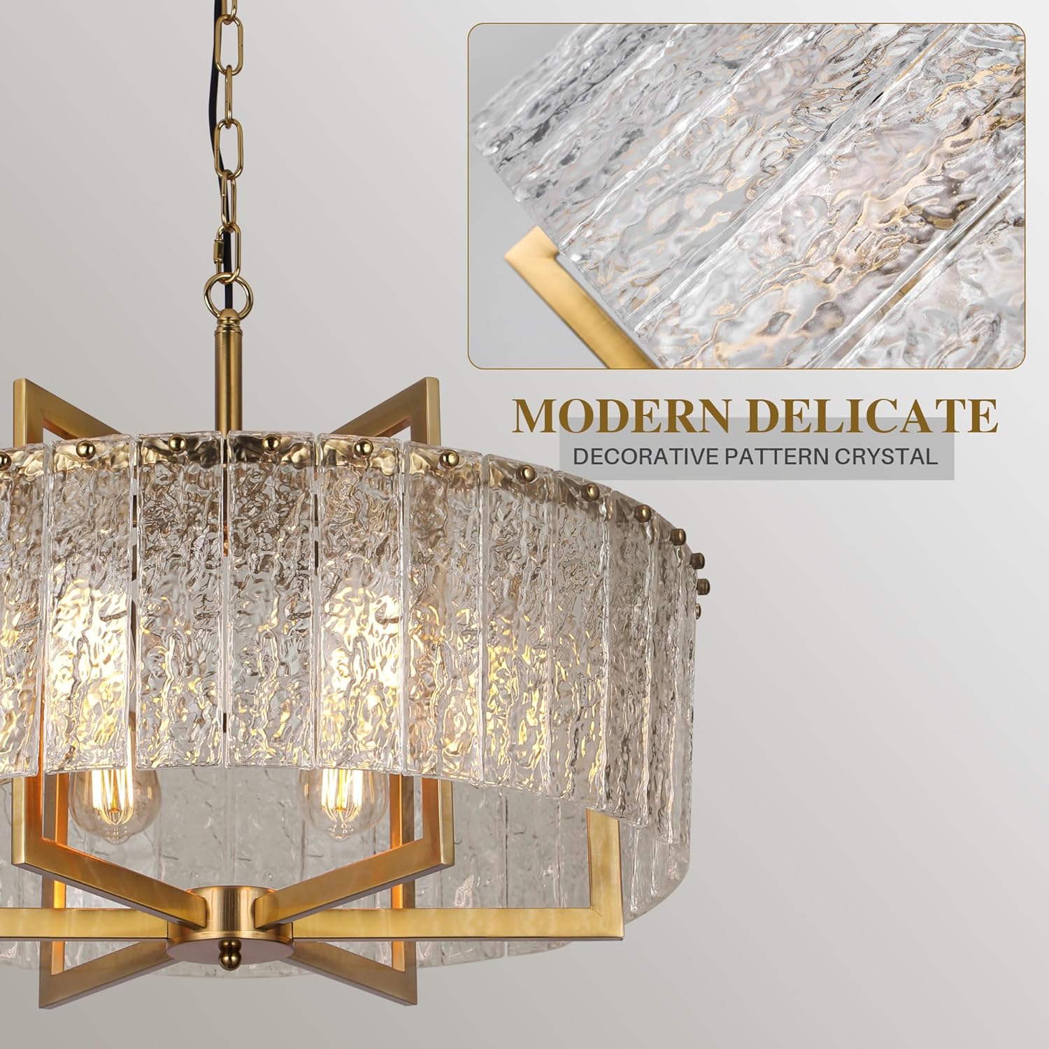 Modern Luxury Gold Round Crystal Chandelier - Adjustable Pendant Light with Water Pattern K9 Glass, E26 Base