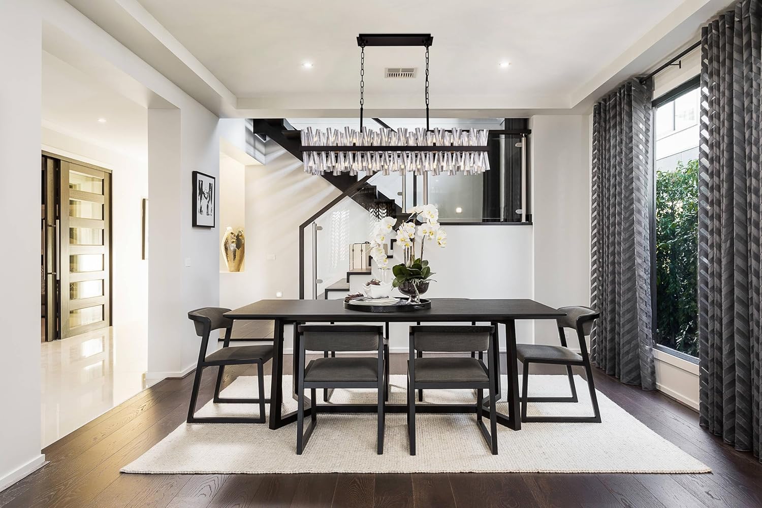 Modern Linear Crystal Chandelier – 43.7” Adjustable Rectangle LED Pendant Light for Dining Room