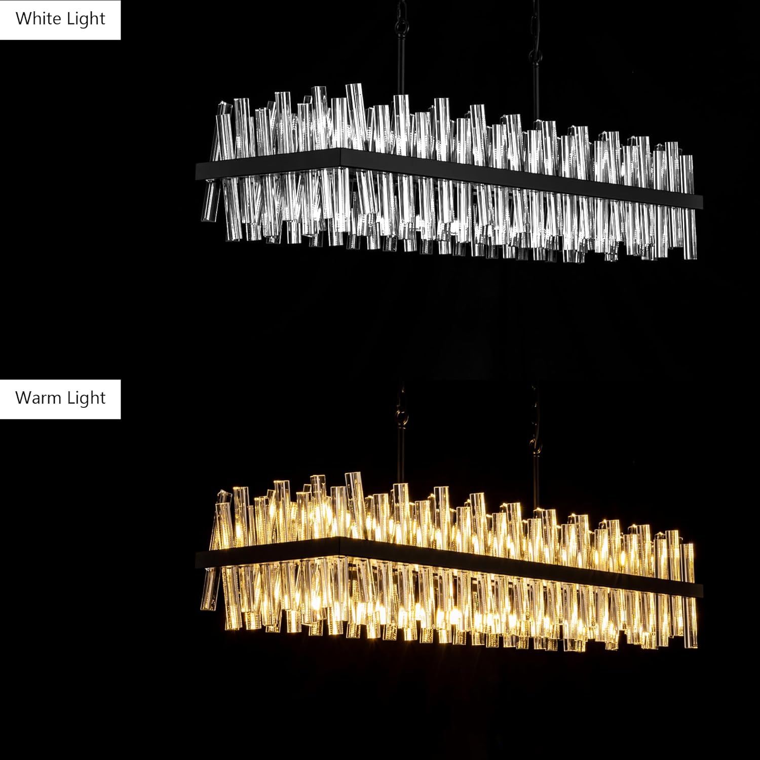 Modern Linear Crystal Chandelier – 43.7” Adjustable Rectangle LED Pendant Light for Dining Room