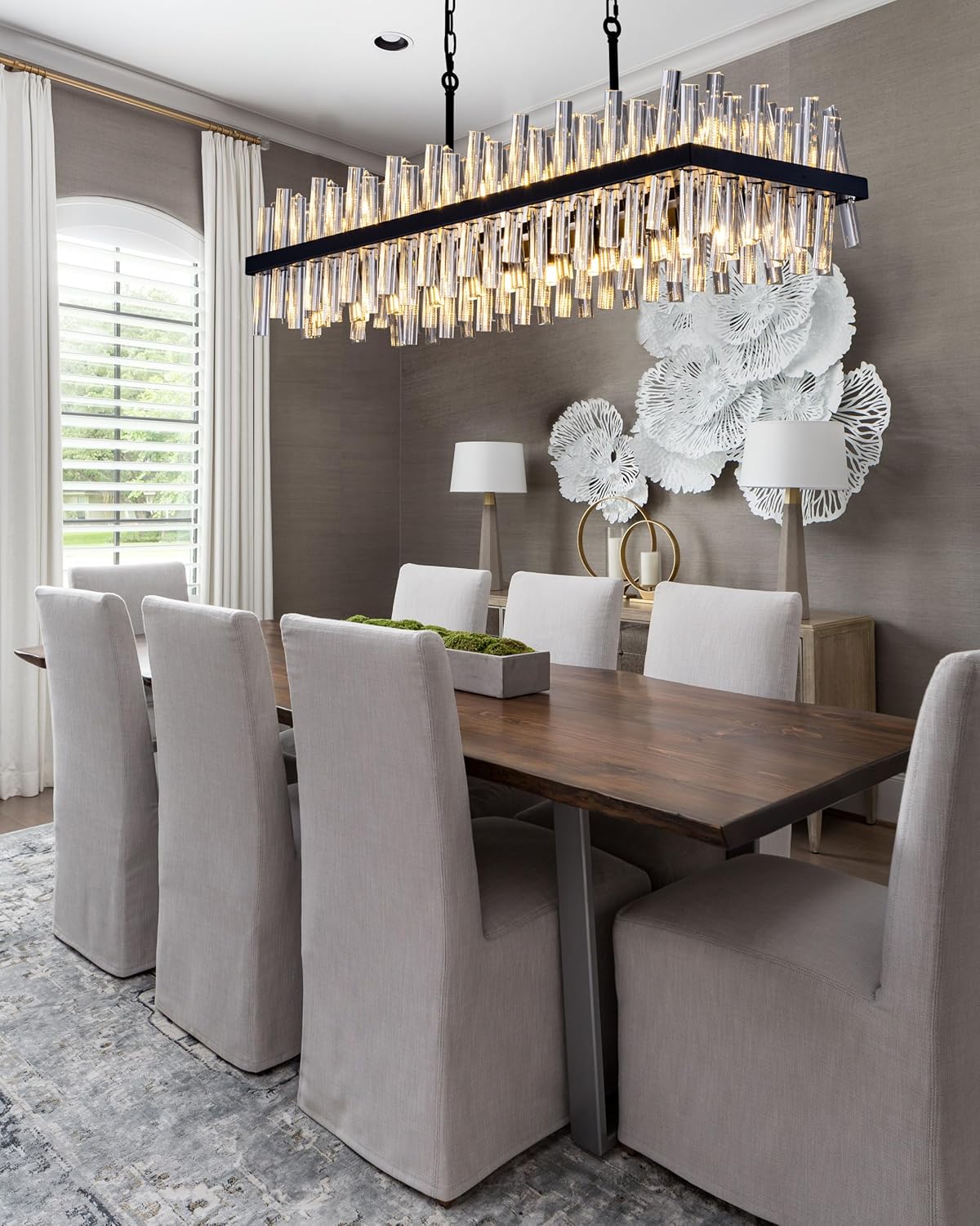 Modern Linear Crystal Chandelier – 43.7” Adjustable Rectangle LED Pendant Light for Dining Room