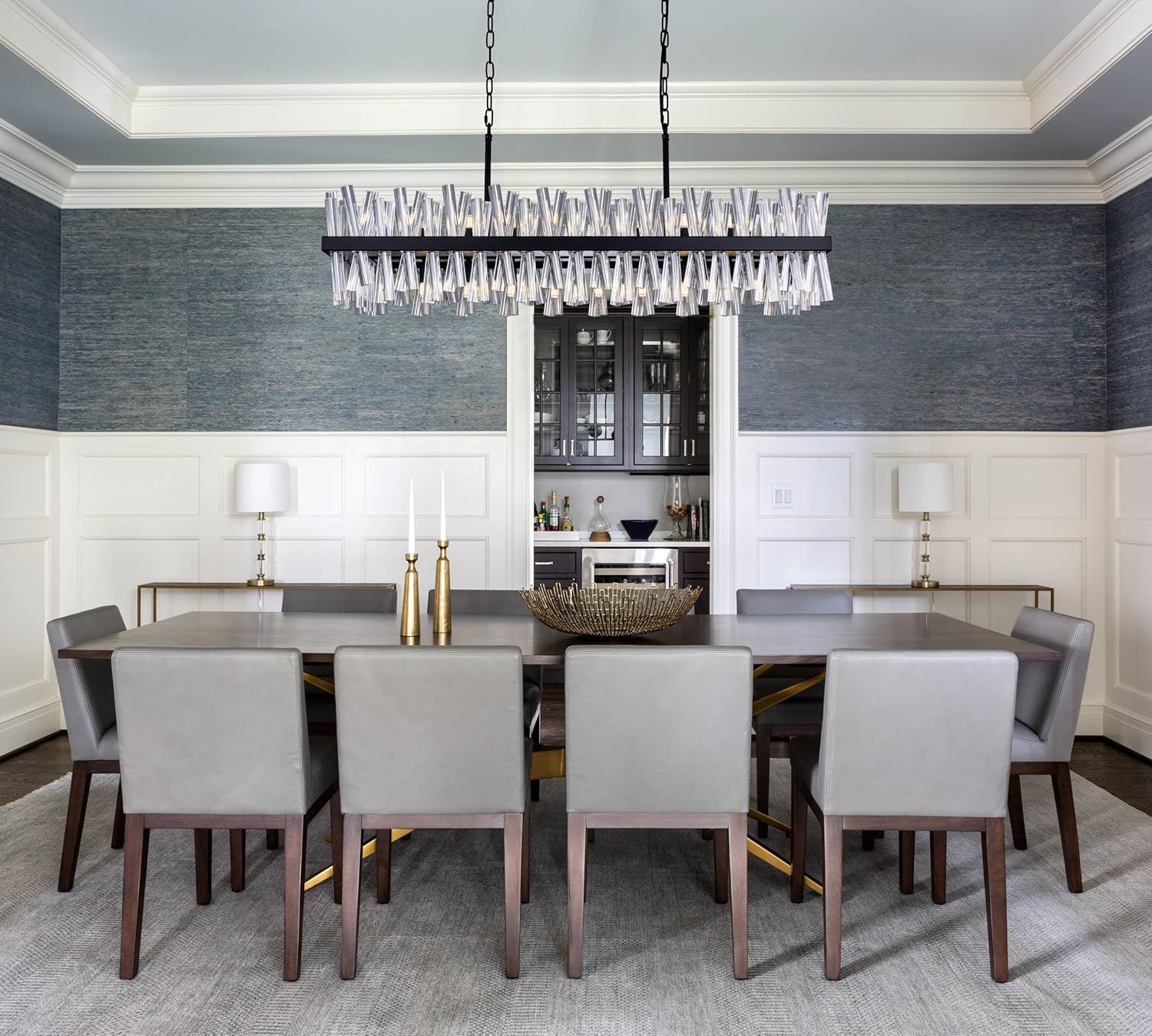 Modern Linear Crystal Chandelier – 43.7” Adjustable Rectangle LED Pendant Light for Dining Room