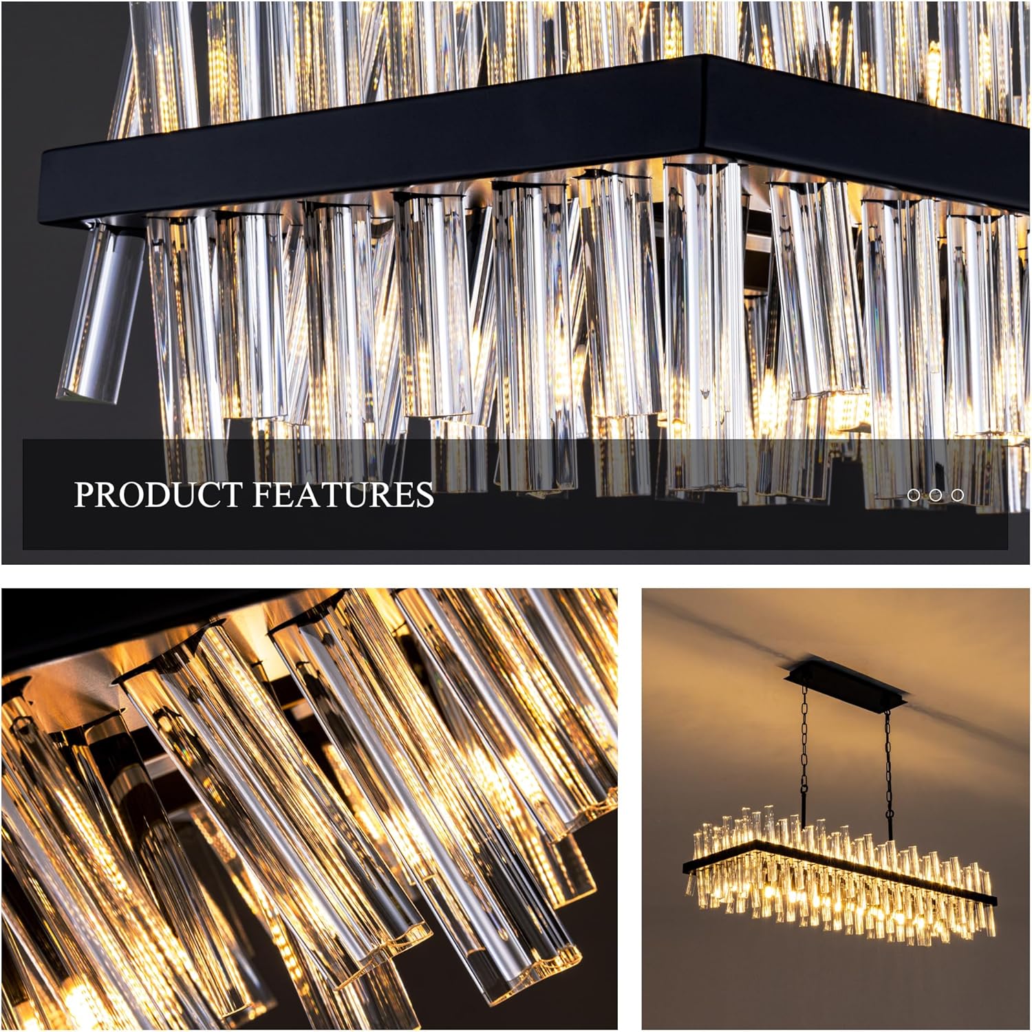 Modern Linear Crystal Chandelier – 43.7” Adjustable Rectangle LED Pendant Light for Dining Room