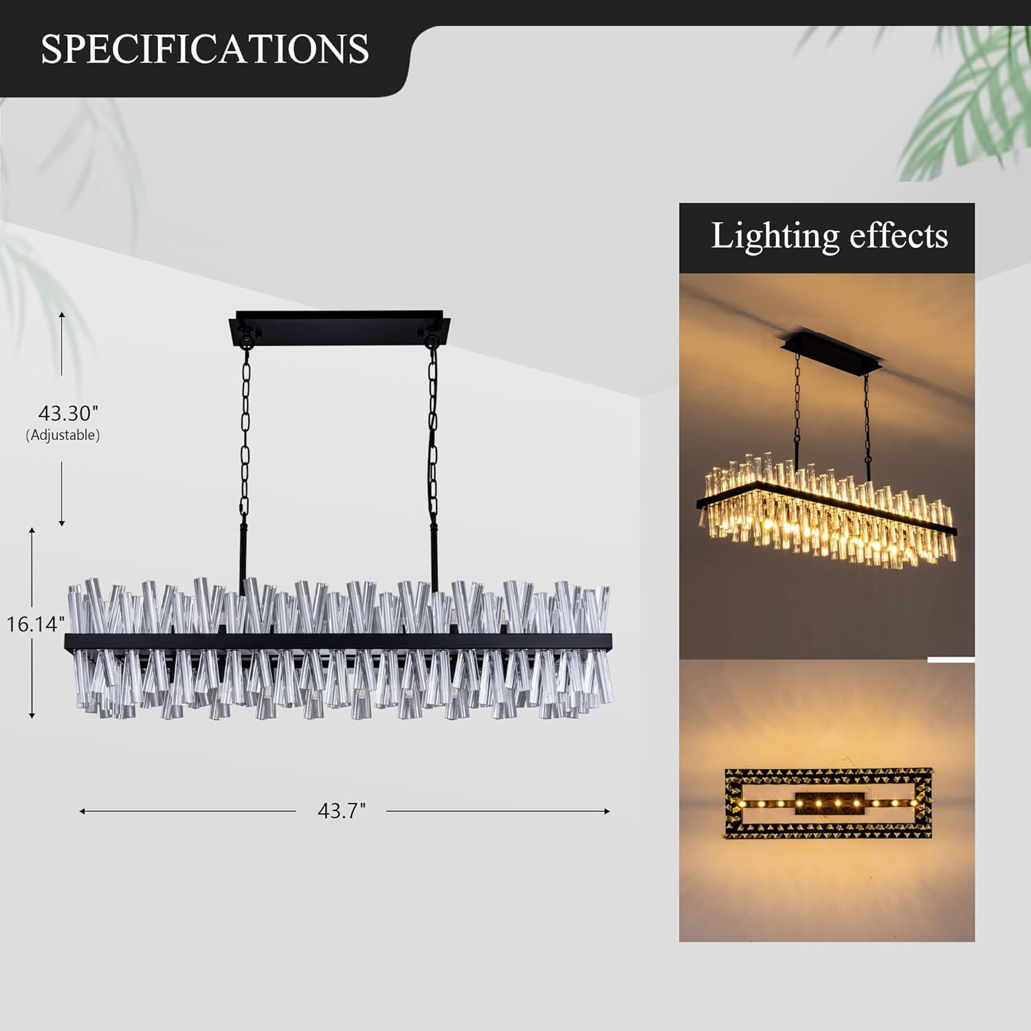 Modern Linear Crystal Chandelier – 43.7” Adjustable Rectangle LED Pendant Light for Dining Room