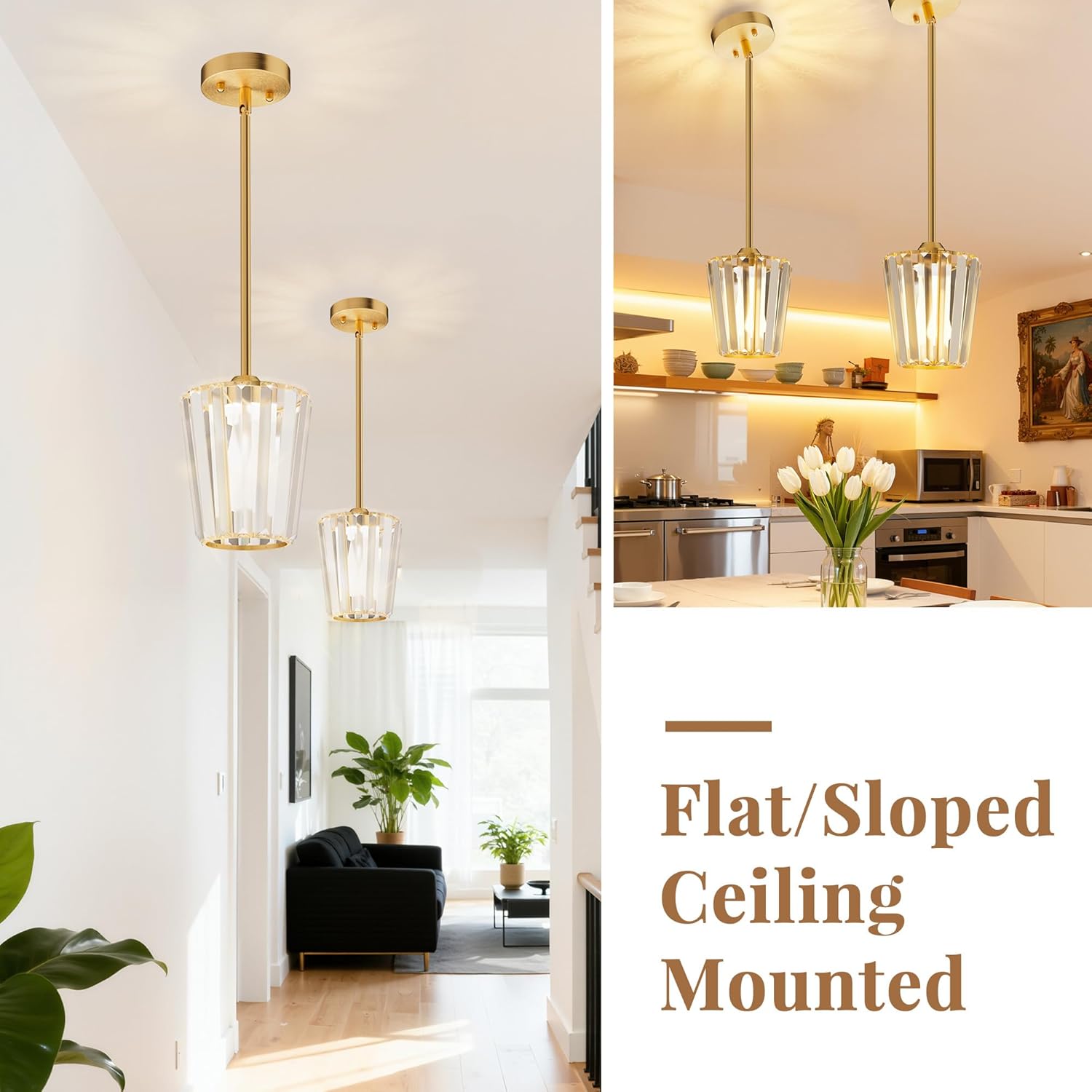 Modern Gold Crystal Pendant Light Adjustable Rod E26 Kitchen Island Ceiling Lamp