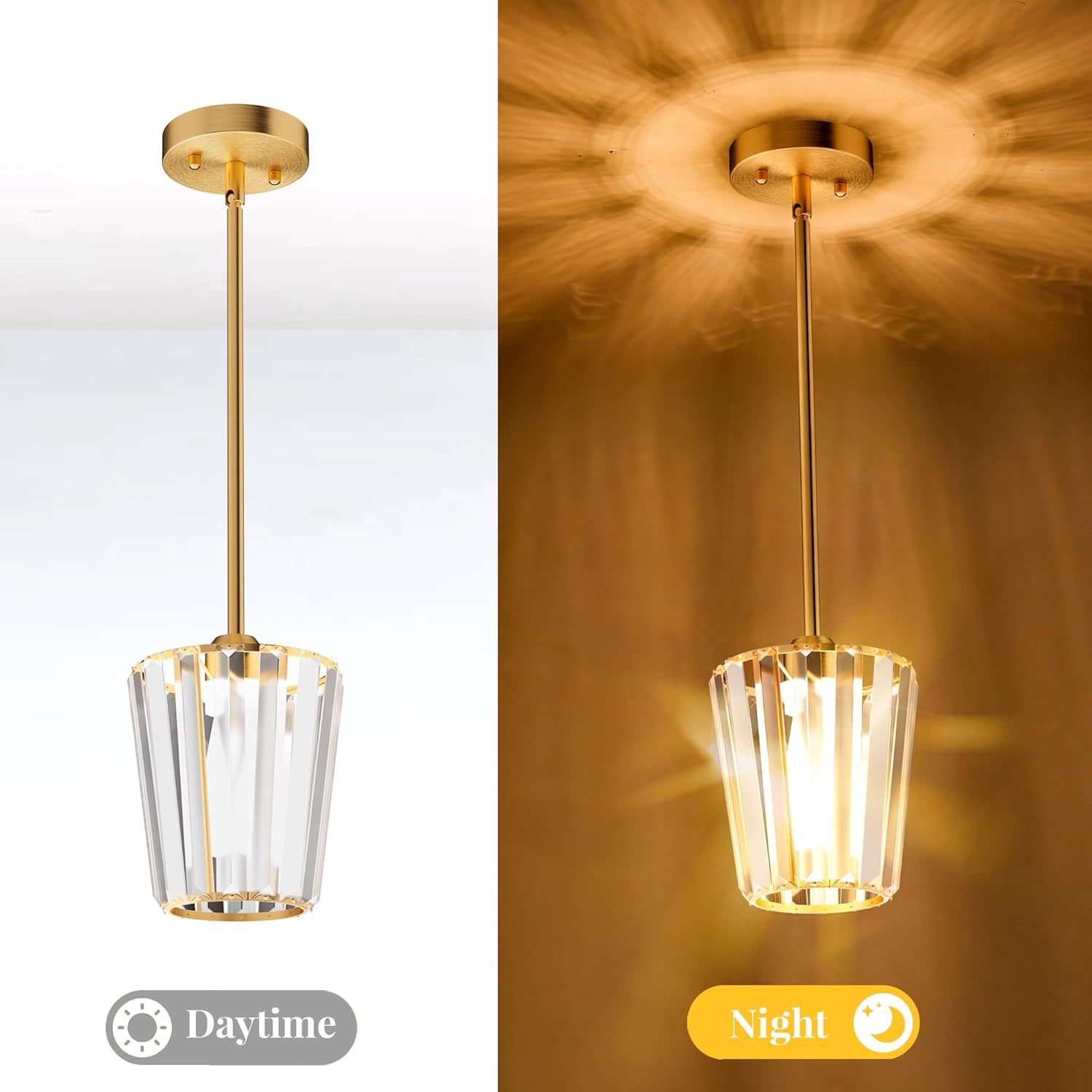 Modern Gold Crystal Pendant Light Adjustable Rod E26 Kitchen Island Ceiling Lamp