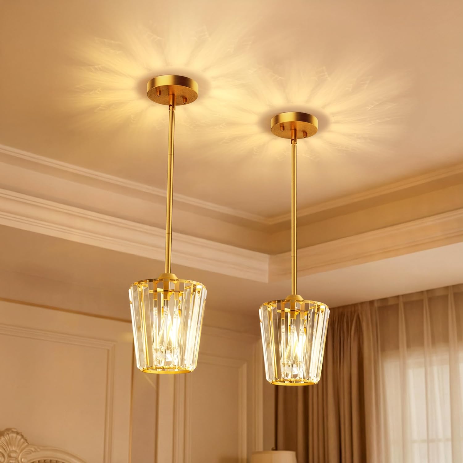 Modern Gold Crystal Pendant Light Adjustable Rod E26 Kitchen Island Ceiling Lamp