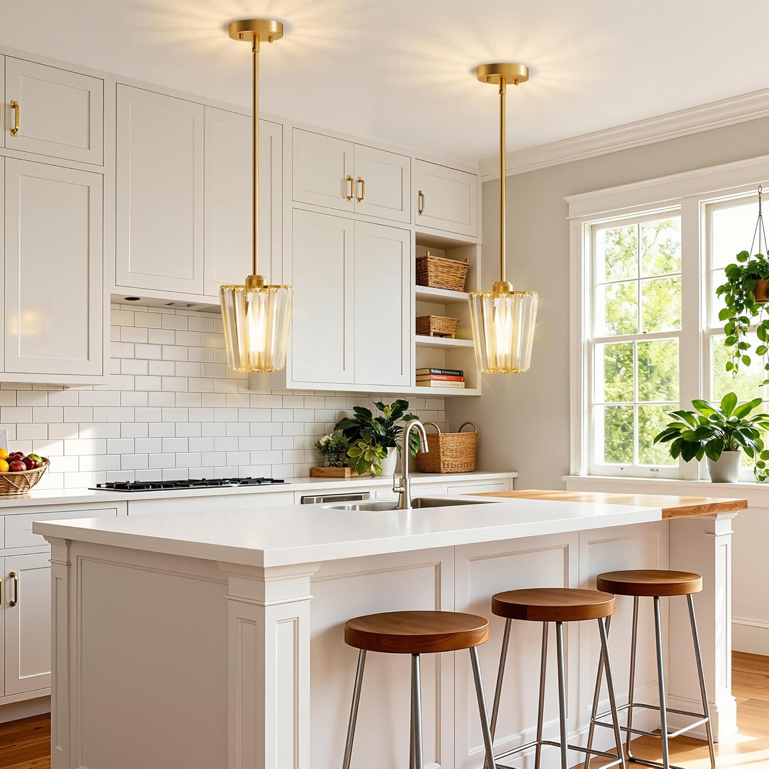 Modern Gold Crystal Pendant Light Adjustable Rod E26 Kitchen Island Ceiling Lamp