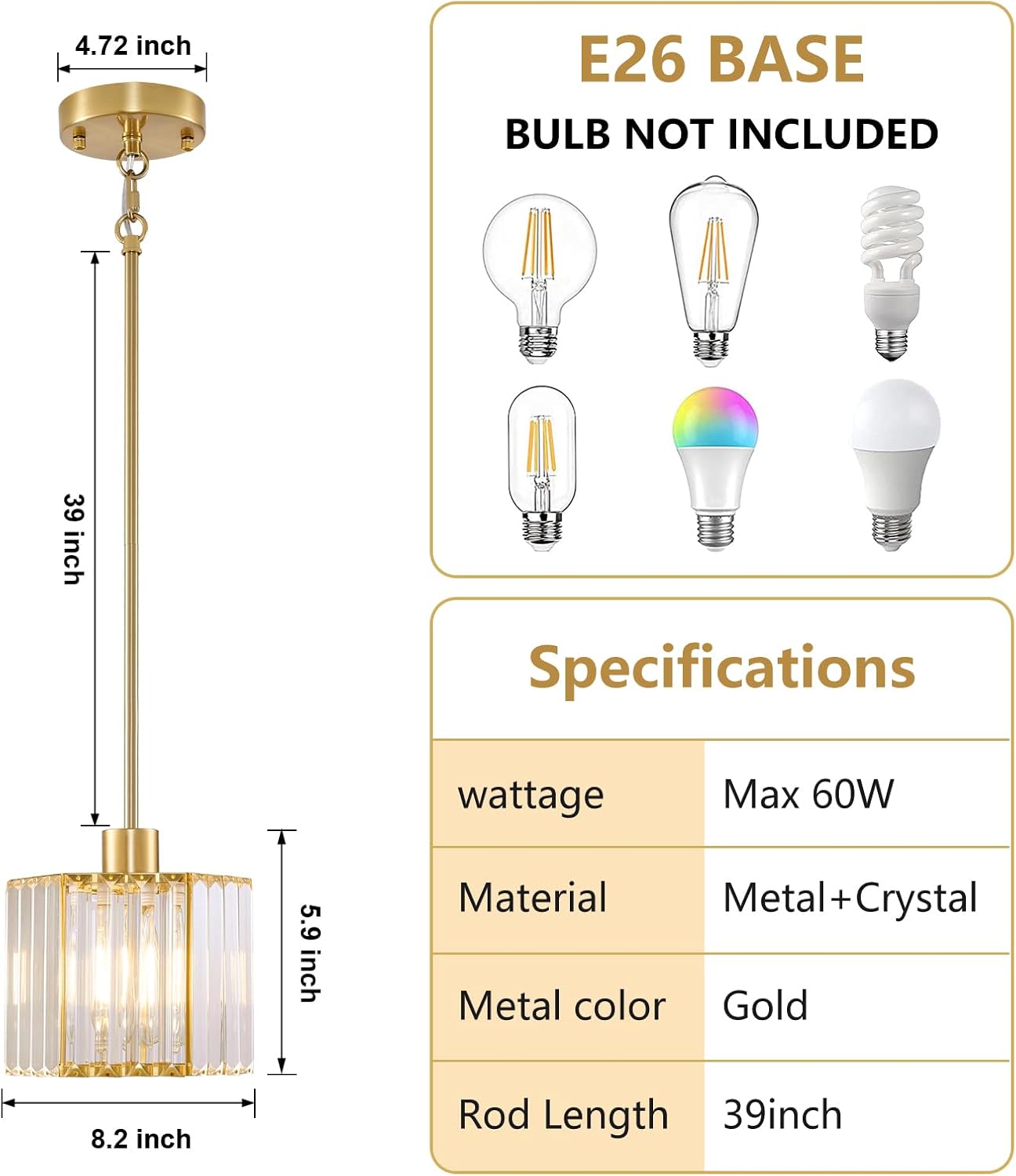 Modern Gold Crystal Pendant Light E26 Adjustable Rod Kitchen Island Hanging Lamp