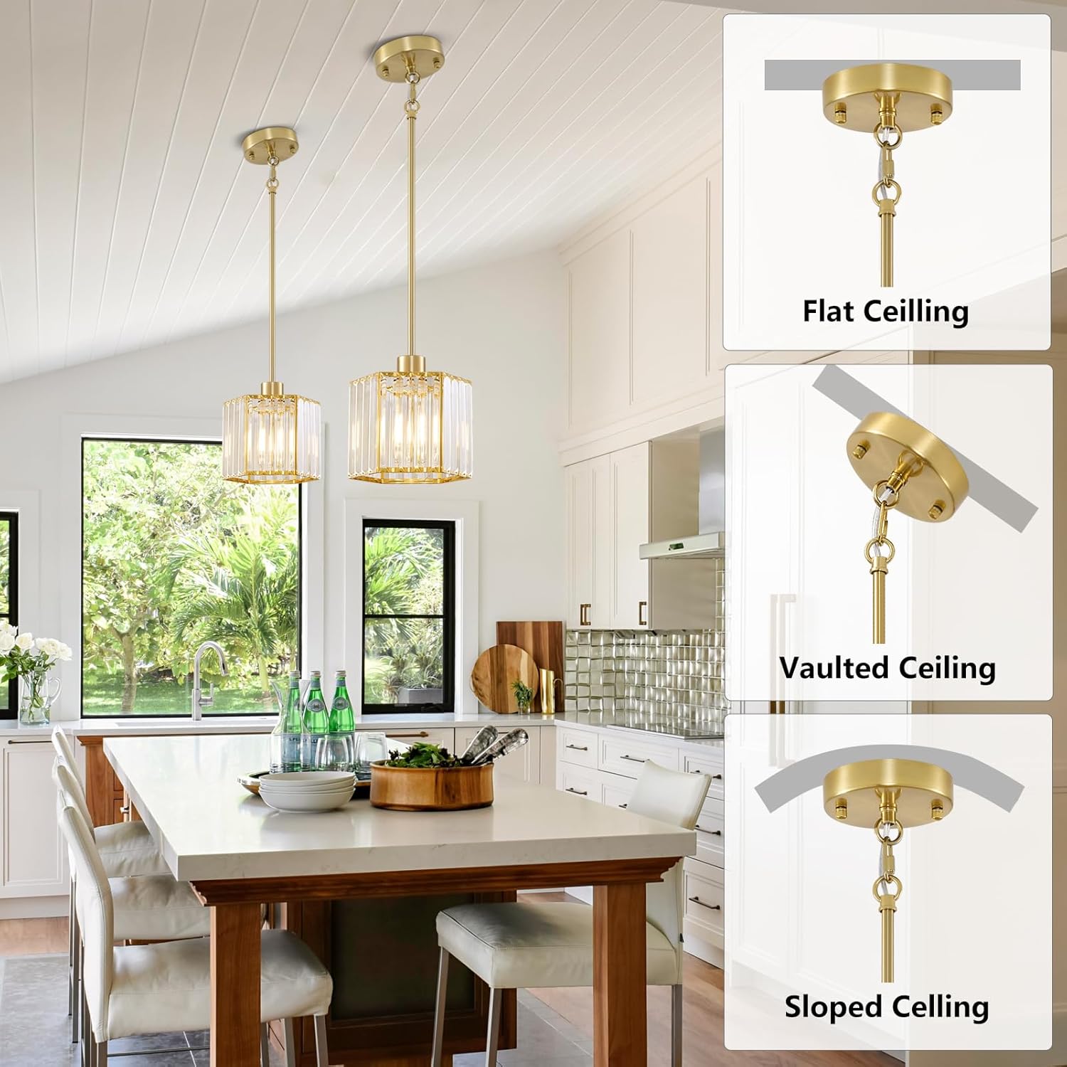 Modern Gold Crystal Pendant Light E26 Adjustable Rod Kitchen Island Hanging Lamp