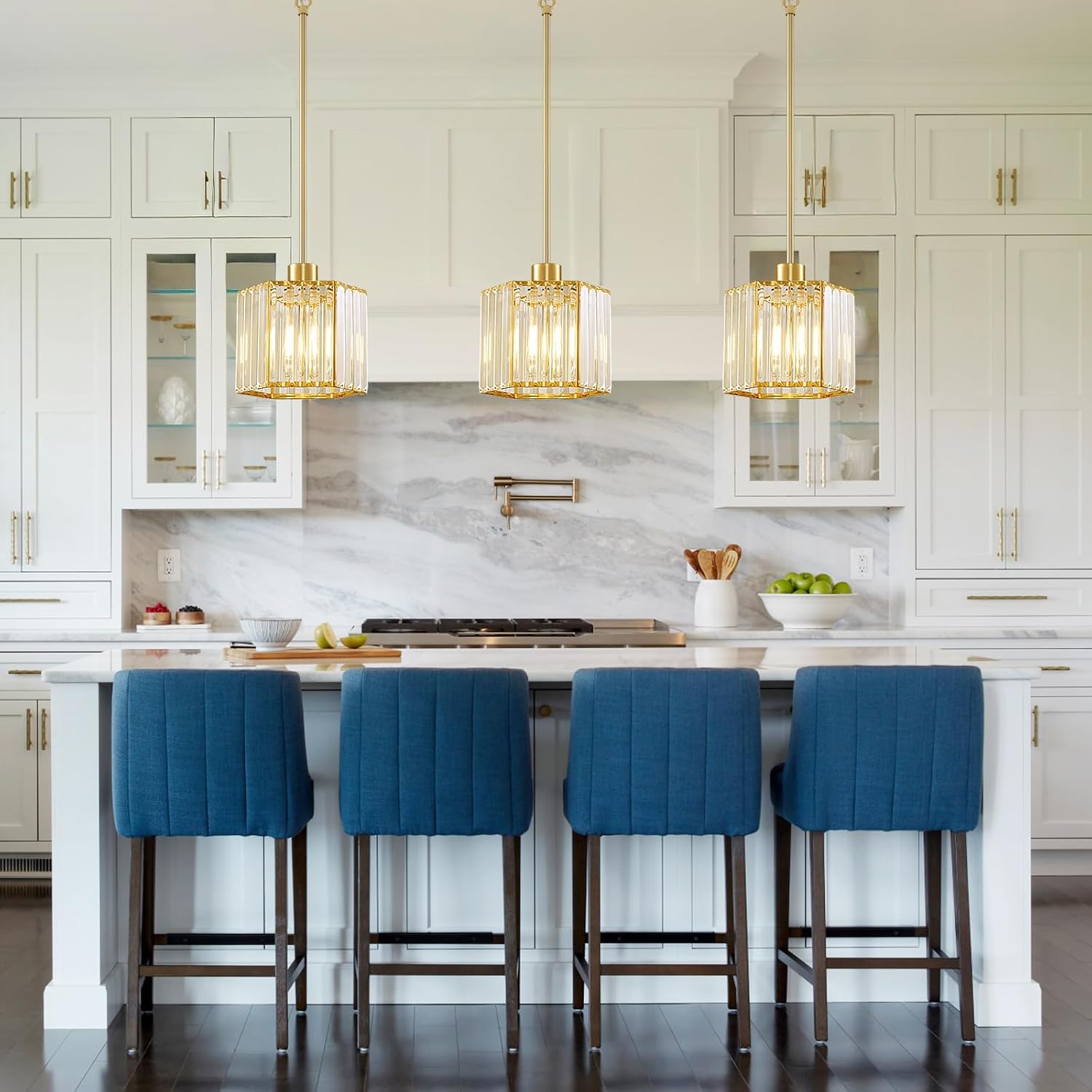 Modern Gold Crystal Pendant Light E26 Adjustable Rod Kitchen Island Hanging Lamp