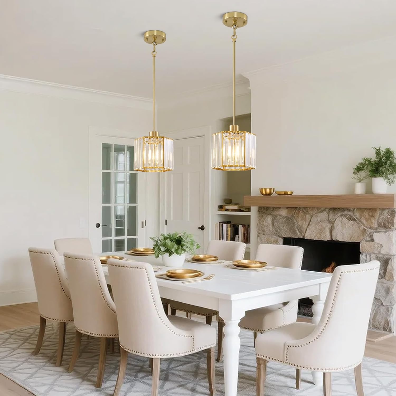 Modern Gold Crystal Pendant Light E26 Adjustable Rod Kitchen Island Hanging Lamp