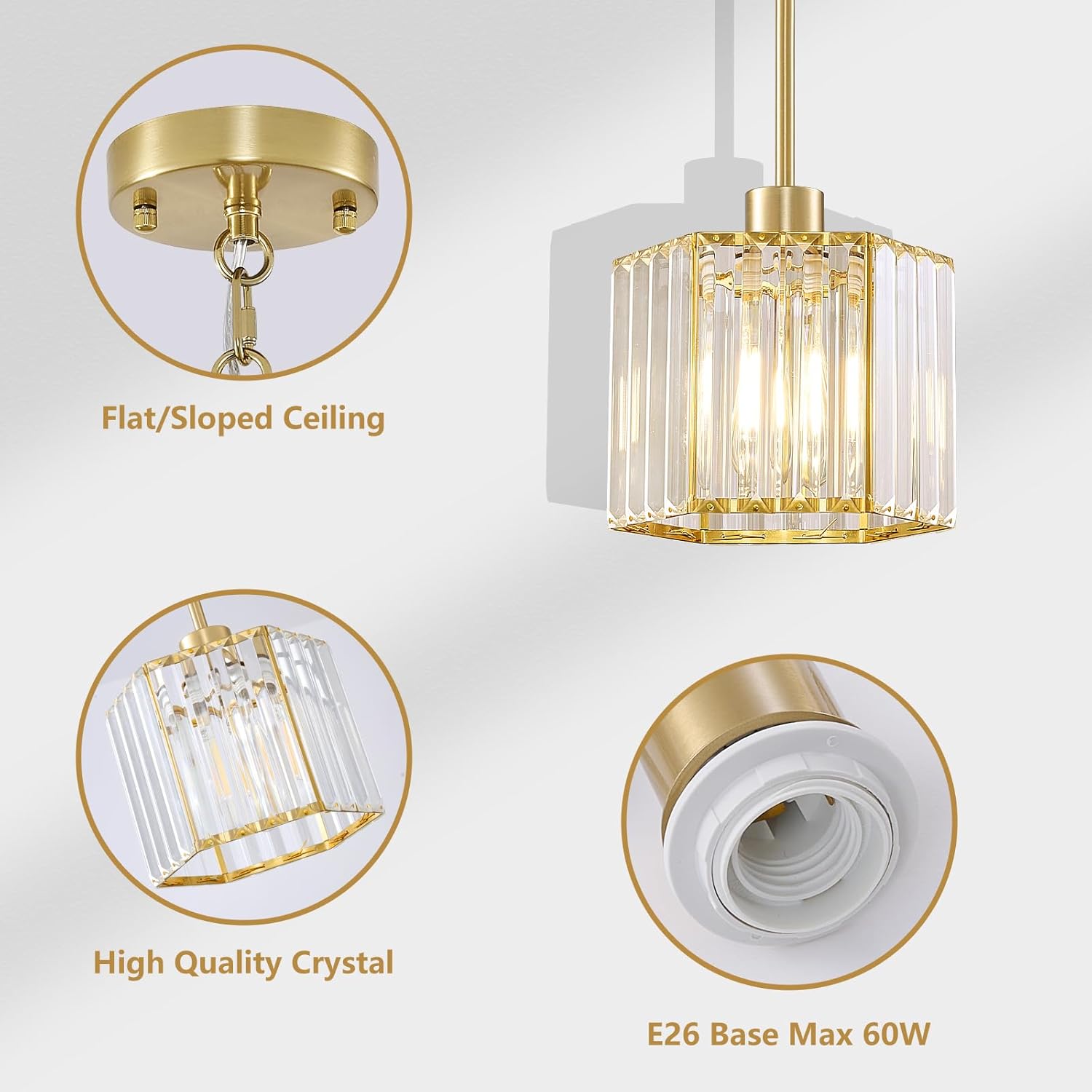 Modern Gold Crystal Pendant Light E26 Adjustable Rod Kitchen Island Hanging Lamp