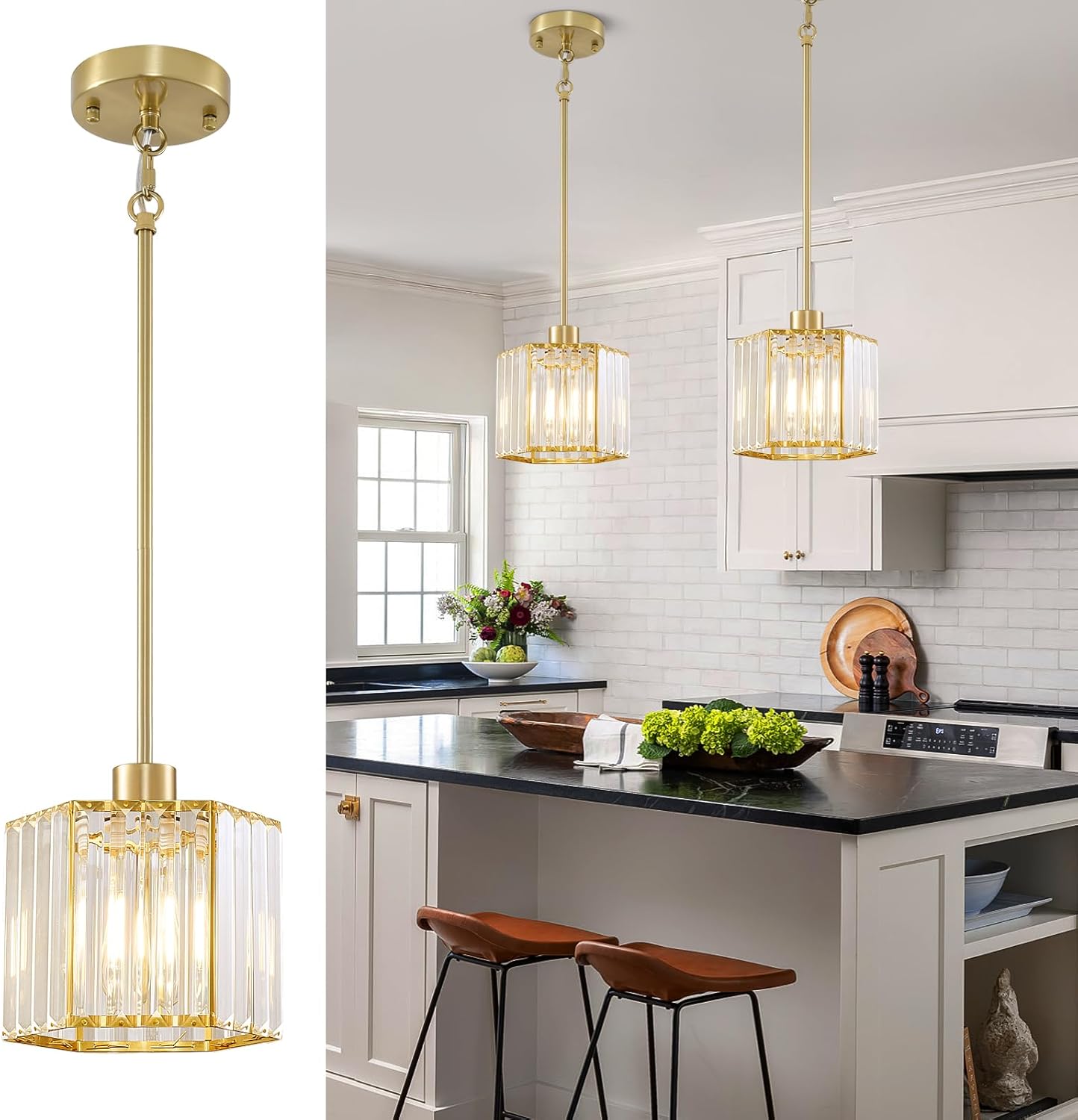Modern Gold Crystal Pendant Light E26 Adjustable Rod Kitchen Island Hanging Lamp