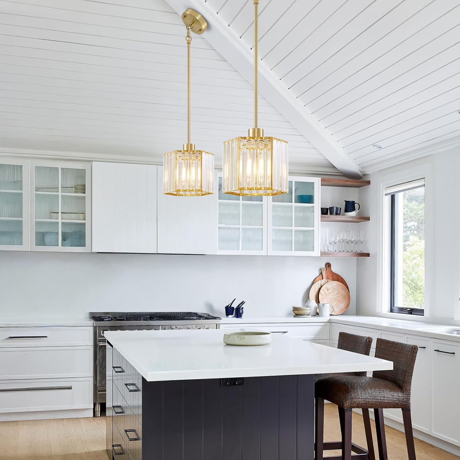 Modern Gold Crystal Pendant Light E26 Adjustable Rod Kitchen Island Hanging Lamp