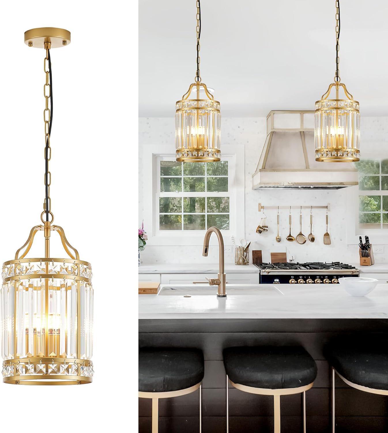 Modern Gold Crystal Pendant Light Adjustable Round Luxury Ceiling Hanging Lamp