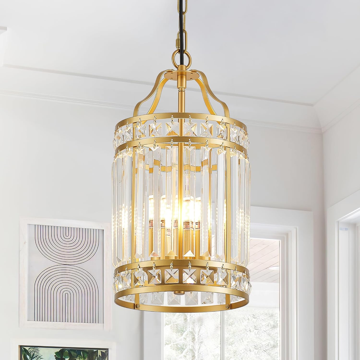 Modern Gold Crystal Pendant Light Adjustable Round Luxury Ceiling Hanging Lamp