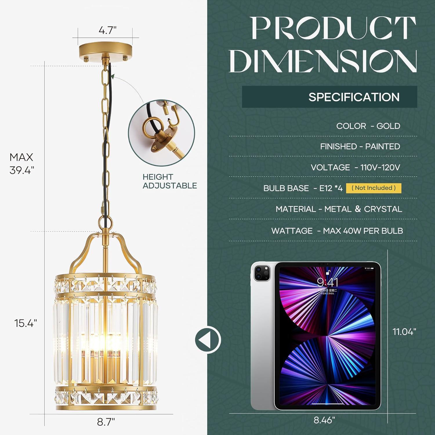 Modern Gold Crystal Pendant Light Adjustable Round Luxury Ceiling Hanging Lamp