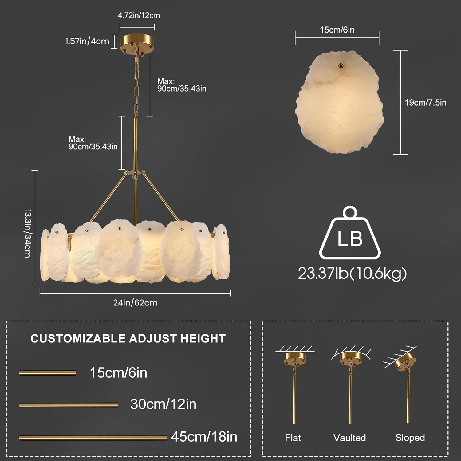 Modern Gold Alabaster Pendant Chandelier 24 Inch Adjustable Ceiling Light for Dining Room