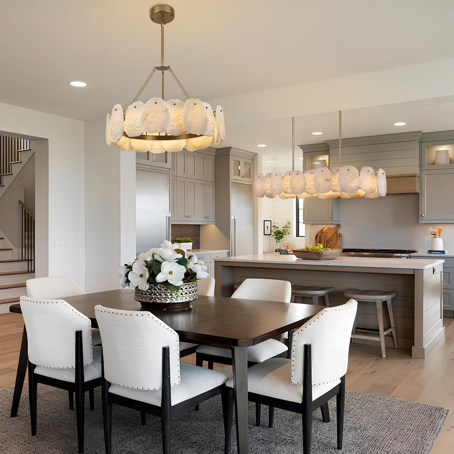 Modern Gold Alabaster Pendant Chandelier 24 Inch Adjustable Ceiling Light for Dining Room