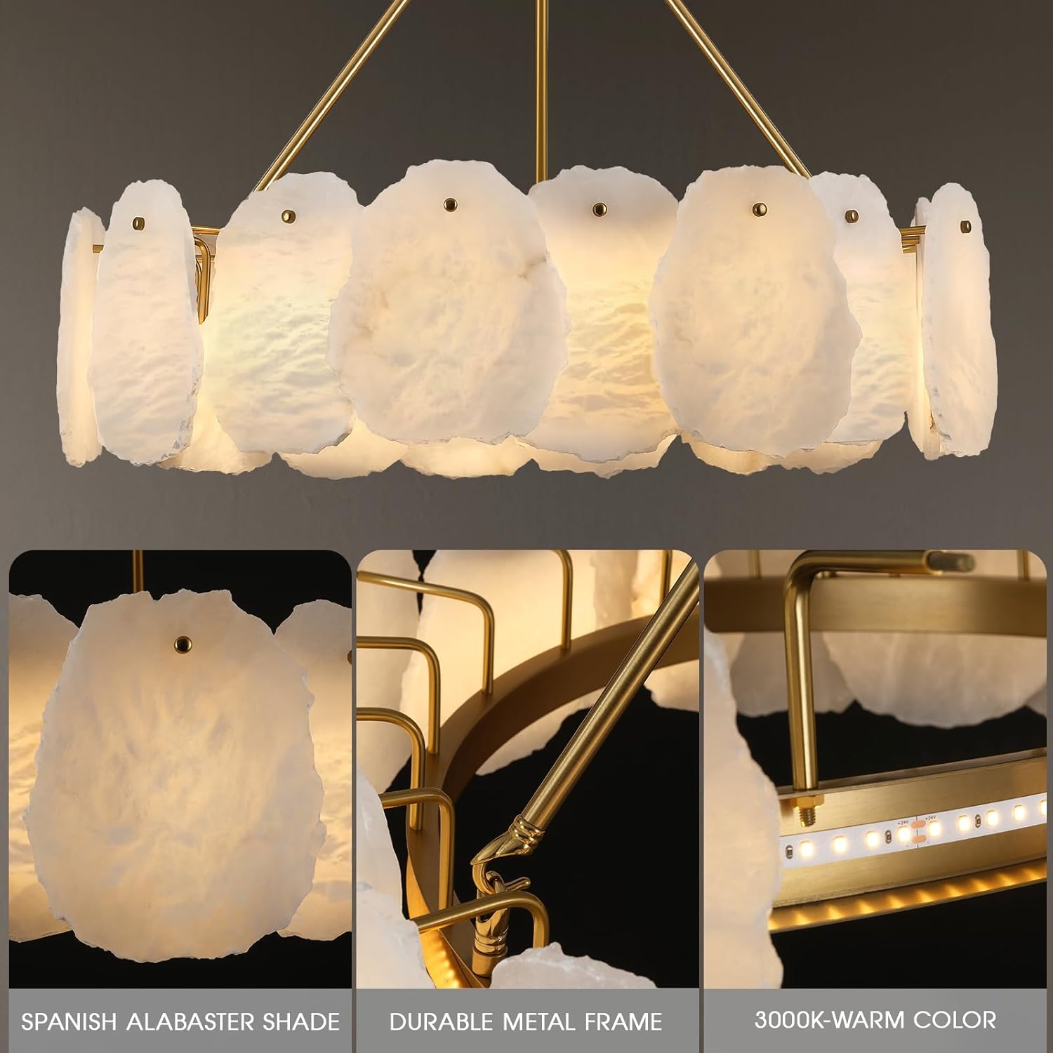 Modern Gold Alabaster Pendant Chandelier 24 Inch Adjustable Ceiling Light for Dining Room