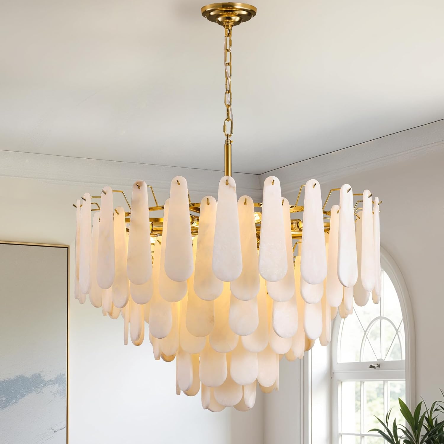 Luxury Gold Alabaster Tiered Chandelier 31.5 Inch Adjustable Pendant Ceiling Light