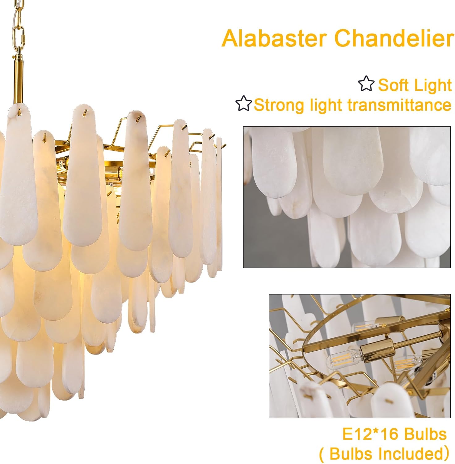 Luxury Gold Alabaster Tiered Chandelier 31.5 Inch Adjustable Pendant Ceiling Light