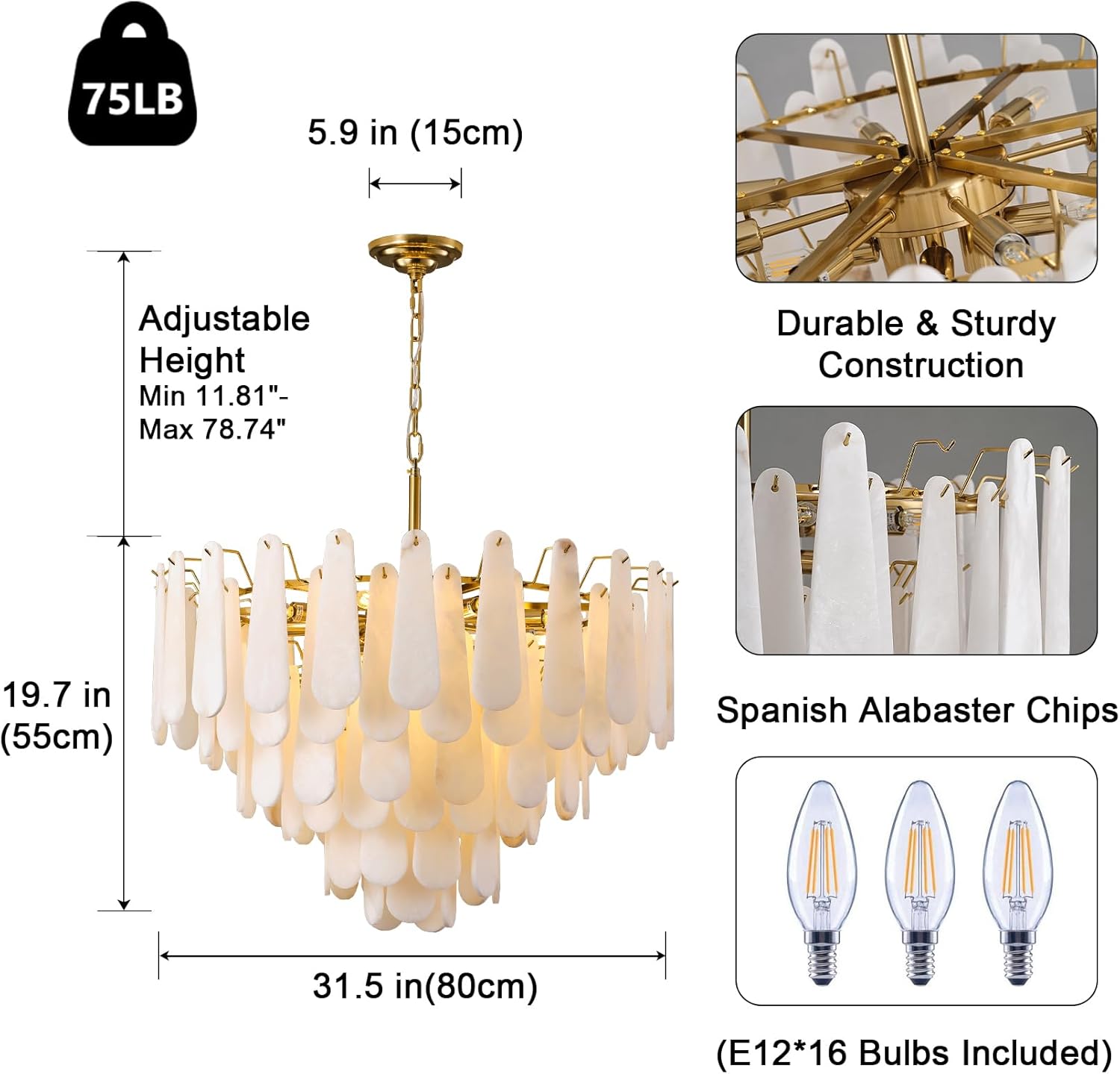 Luxury Gold Alabaster Tiered Chandelier 31.5 Inch Adjustable Pendant Ceiling Light