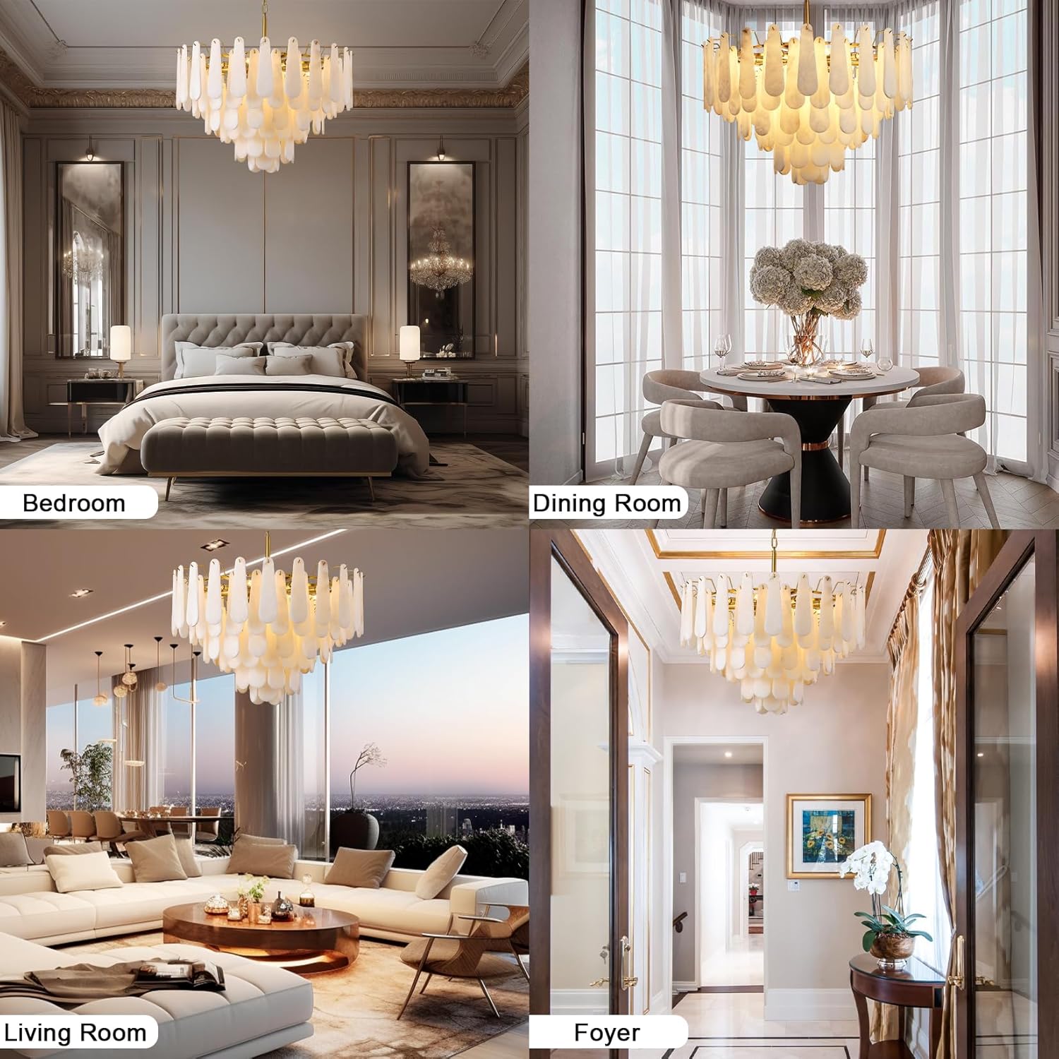 Luxury Gold Alabaster Tiered Chandelier 31.5 Inch Adjustable Pendant Ceiling Light