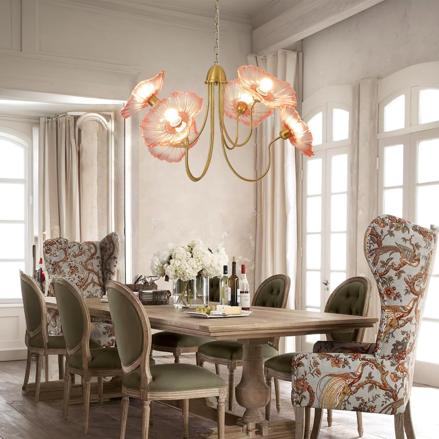 6-Light Pink Lotus Leaf Glass Chandelier – Artistic Brass Pendant Light with Tri-Color Dimming