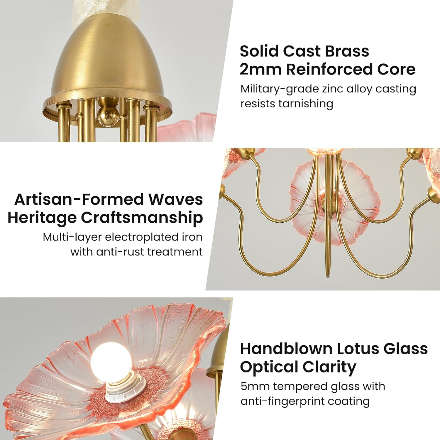 6-Light Pink Lotus Leaf Glass Chandelier – Artistic Brass Pendant Light with Tri-Color Dimming