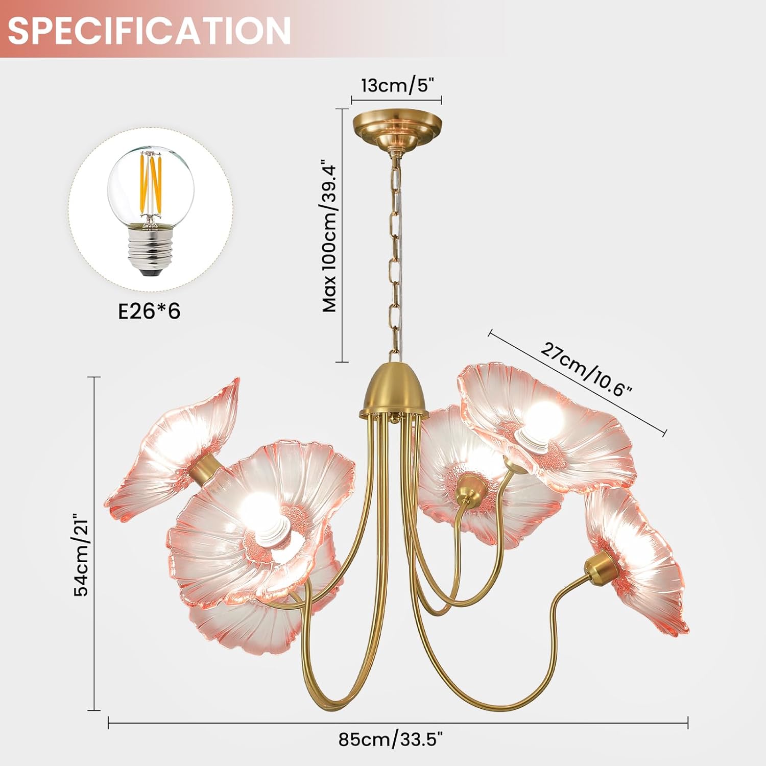 6-Light Pink Lotus Leaf Glass Chandelier – Artistic Brass Pendant Light with Tri-Color Dimming