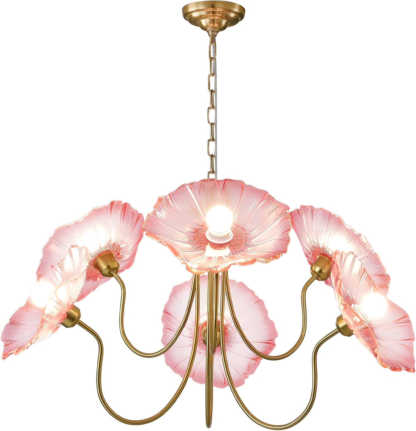 6-Light Pink Lotus Leaf Glass Chandelier – Artistic Brass Pendant Light with Tri-Color Dimming